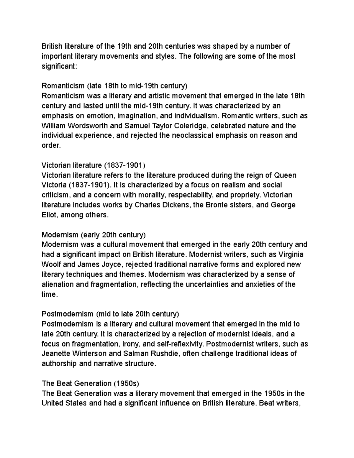 Key Literary Movements and Styles British literature of the 19th and