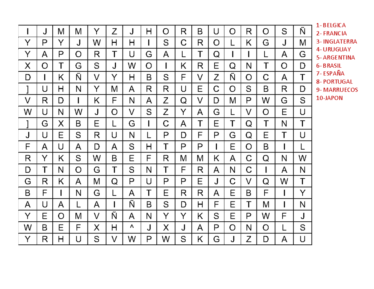 SOPA DE Letras Mundial - 1 - BELGICA 2 - FRANCIA 3 - INGLATERRA 4 ...