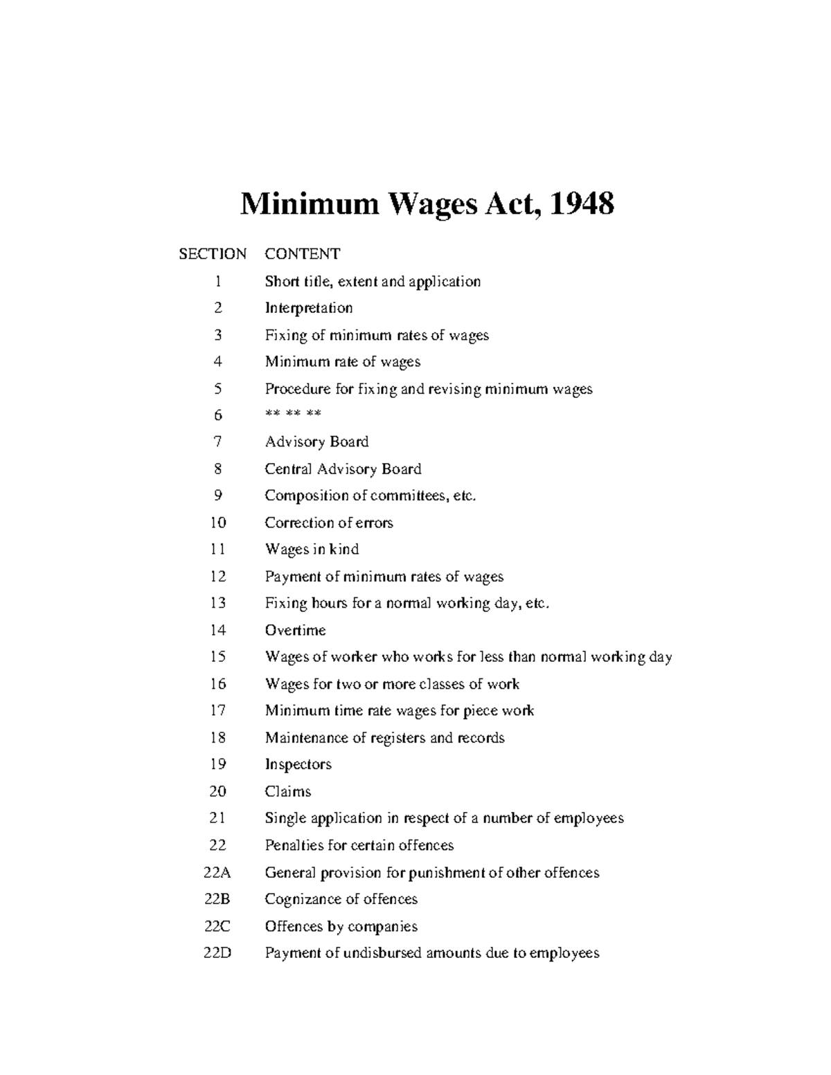 Minimum Wagesact - Bare Act - Minimum Wages Act, 1948 SECTION CONTENT 1 ...