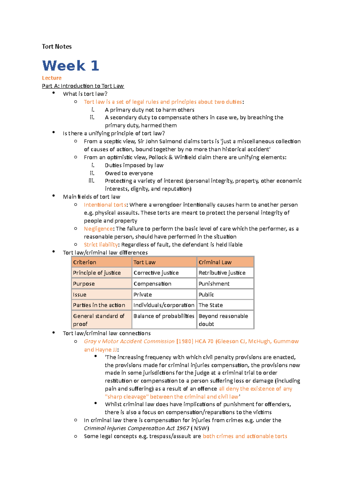 Tort Notes Wk 1-4 - Iejwoiehieuf - Tort Notes Week 1 Lecture Part A ...