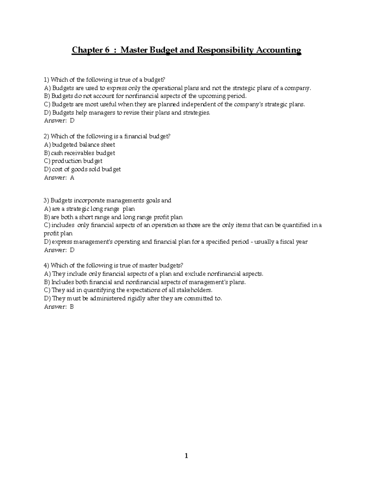 Chapter 6 - Chapter 6 : Master Budget And Responsibility Accounting ...