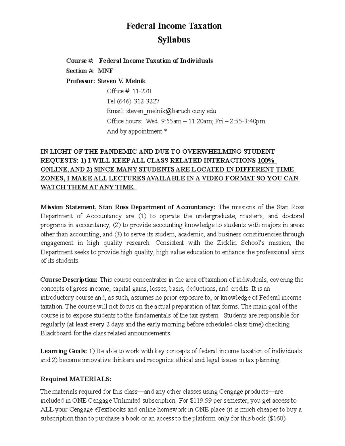 Tax 3300 MNFA Course Outline Spring 2021 - Federal Income Taxation ...