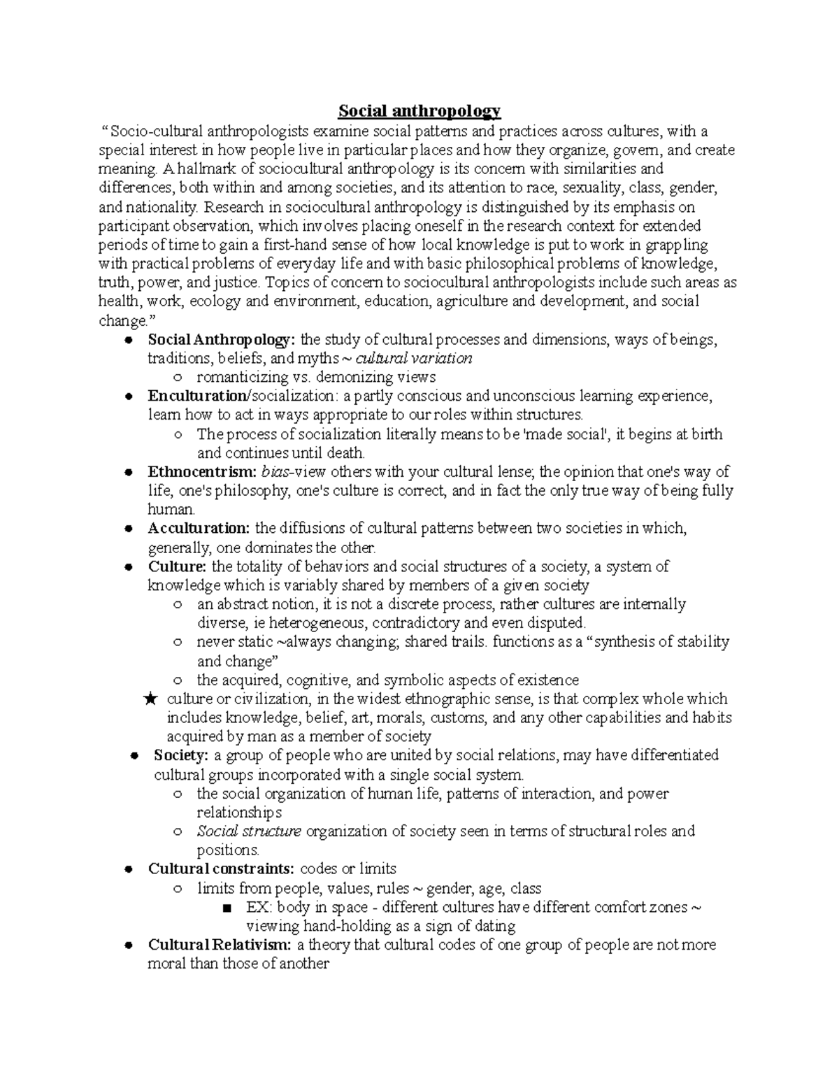 Lecture notes, lecture exam 1 notes - Social anthropology ...