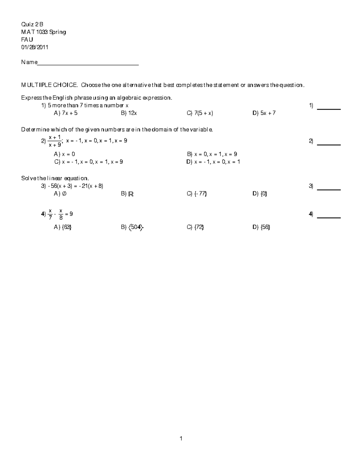 Intermediate Algebra Spring 2011 Quiz2 B - Quiz 2 B MAT 1033 Spring FAU ...