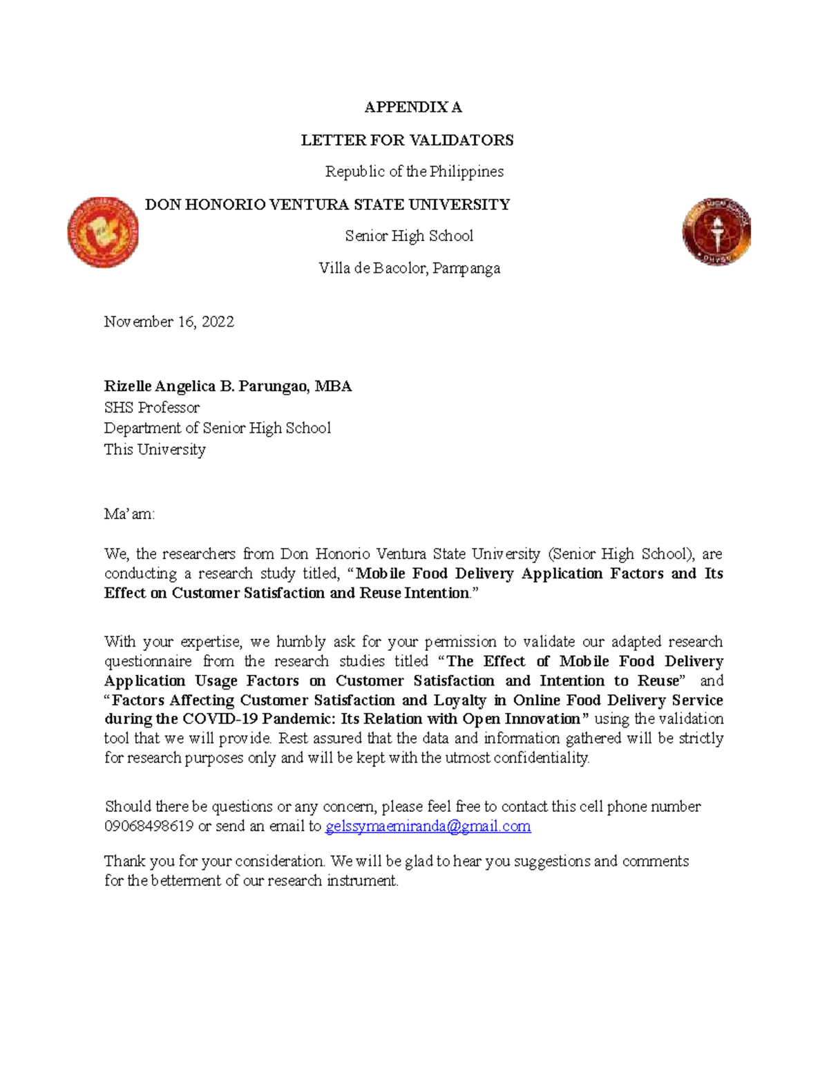 Appendix a letter for validators - APPENDIX A LETTER FOR VALIDATORS ...