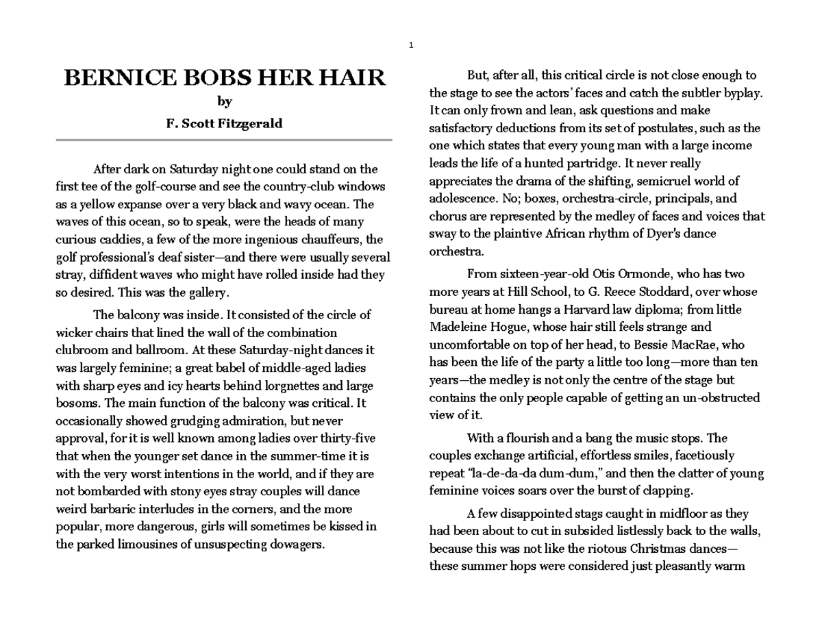 Bernice BOBS HER HAIR full text - BERNICE BOBS HER HAIR by F. Scott ...