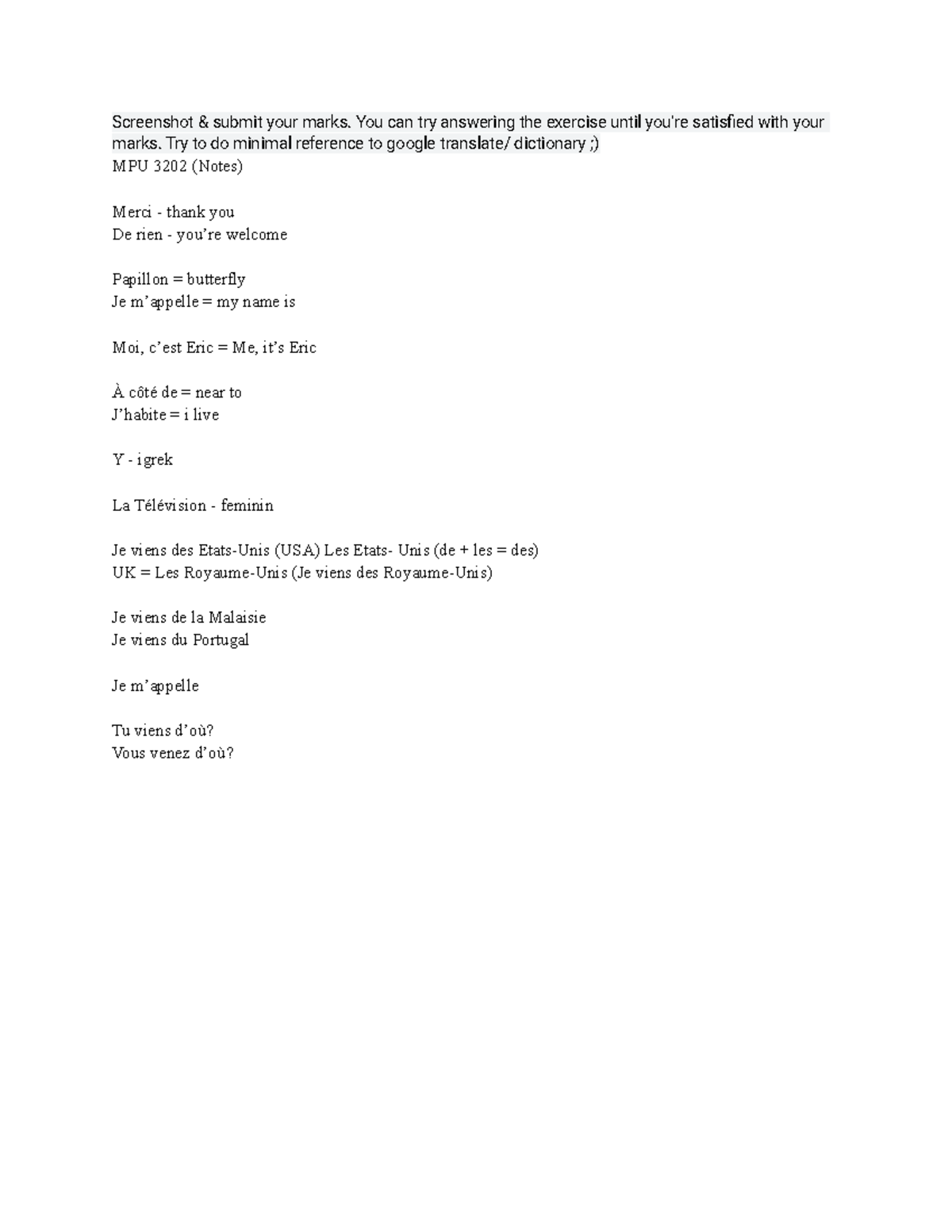 MPU3202 (Whiteboard notes) French Language 1 MMU Studocu