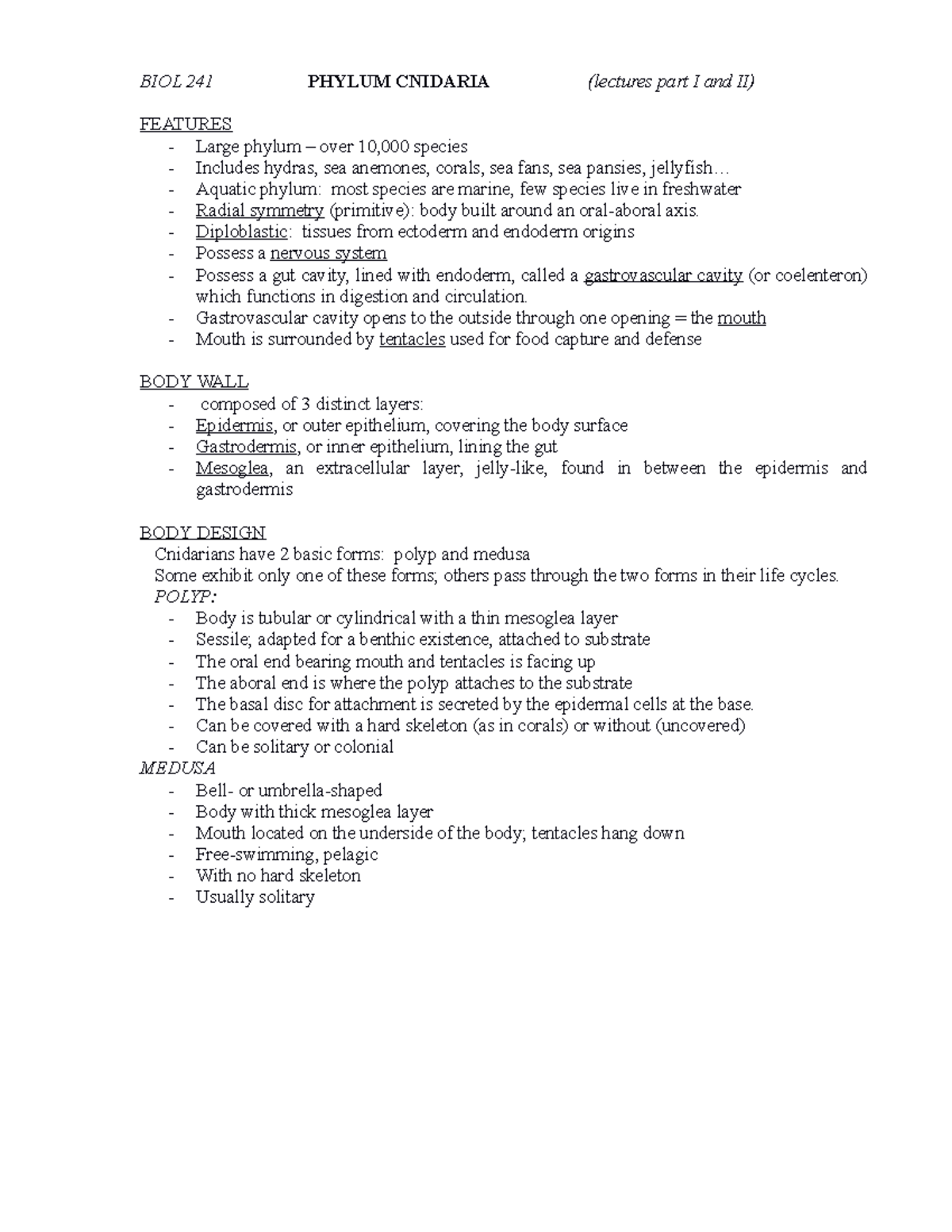 Lecture+11+parts+I+and+II+ Cnidaria+oct+2020 - BIOL 241 PHYLUM CNIDARIA ...