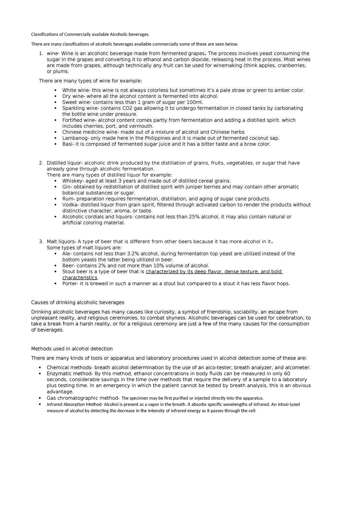 Classifications of Commercially available Alcoholic beverages There