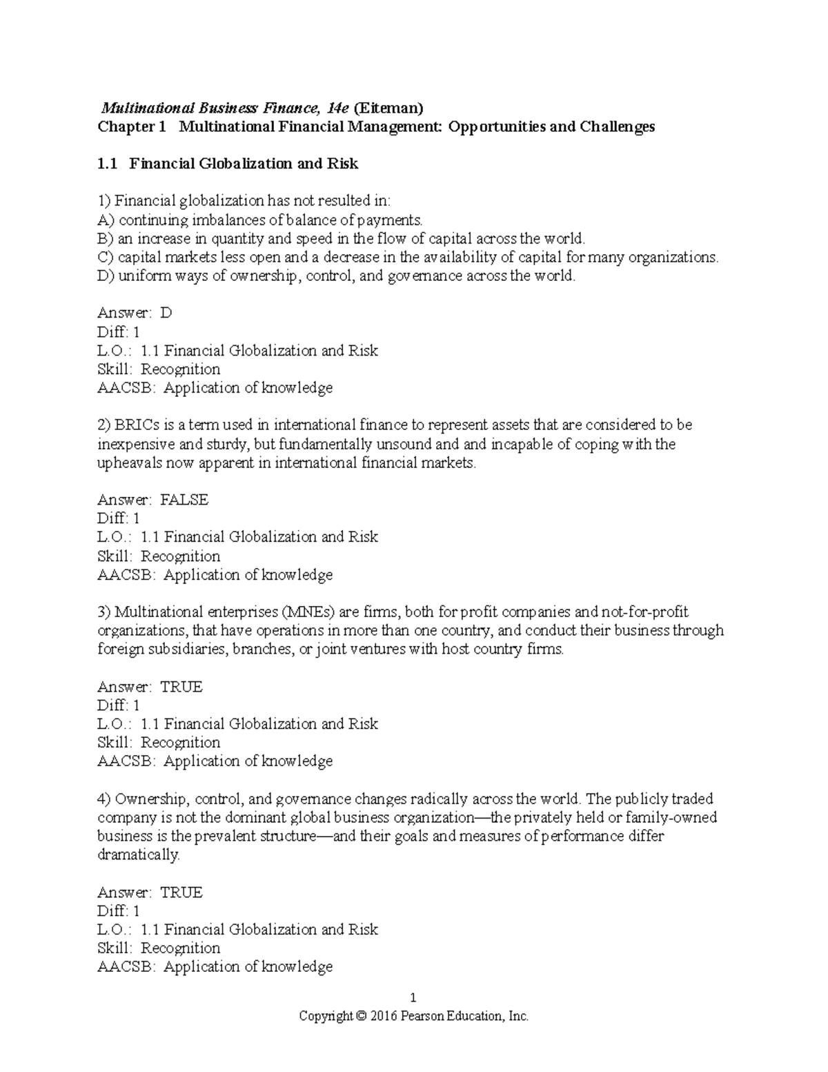 Chapter 1 Multinational Business Finance, 14e (Eiteman) Chapter 1