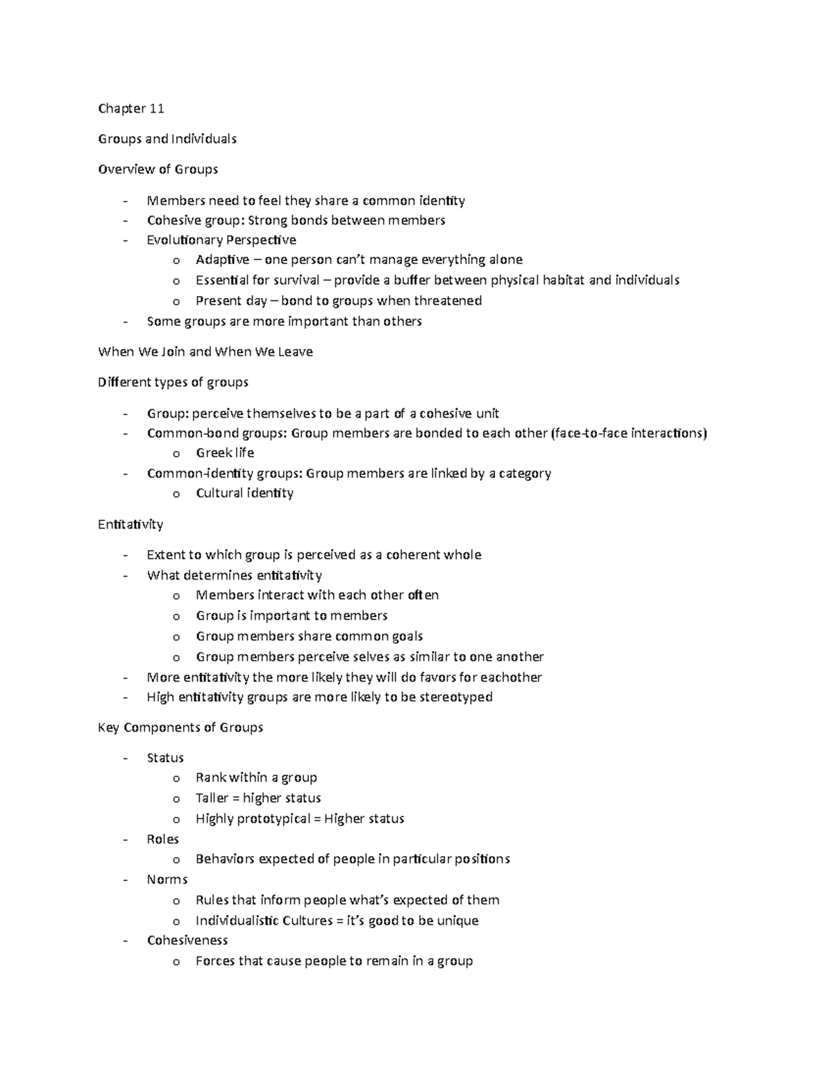 Social Psychology Chapter 11 Notes - Chapter 11 Groups and Individuals ...