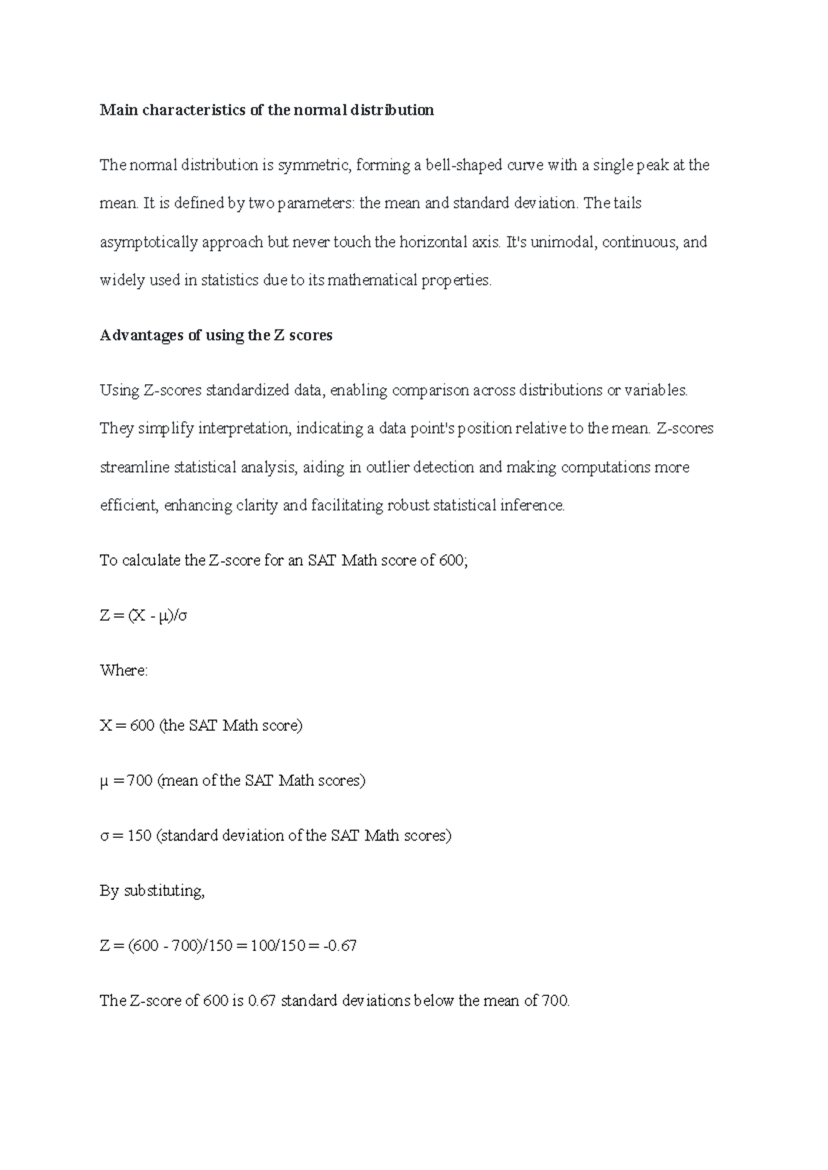 MATH Unit 7 Discussion - Main characteristics of the normal ...
