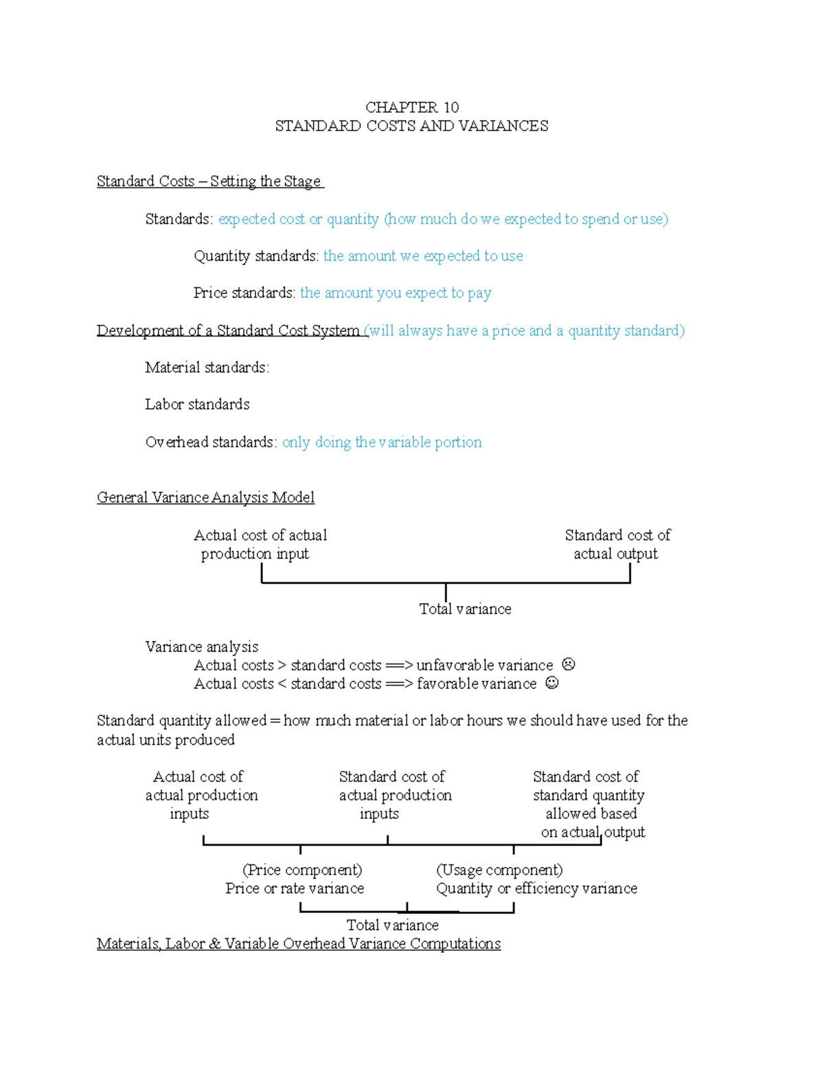 ACCT2020- Chapter 10-students - CHAPTER 10 STANDARD COSTS AND VARIANCES ...