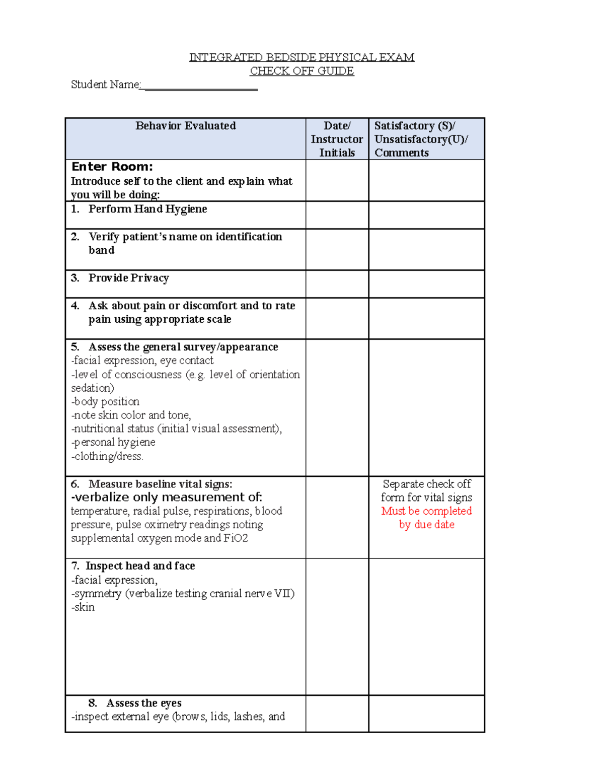 Health Assessment Student Skills Check Off INTEGRATED BEDSIDE