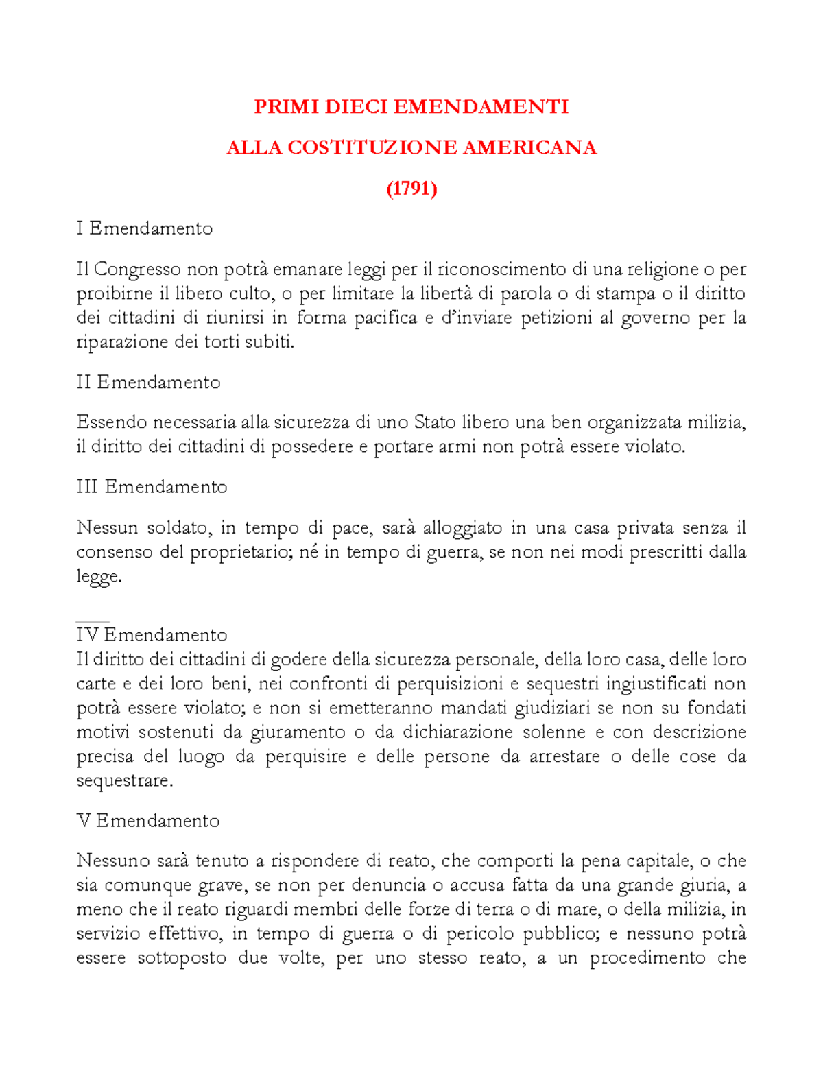 16 mappa PRIMI DIECI EMENDAMENTI ALLA COSTITUZIONE AMERICANA ( 1791
