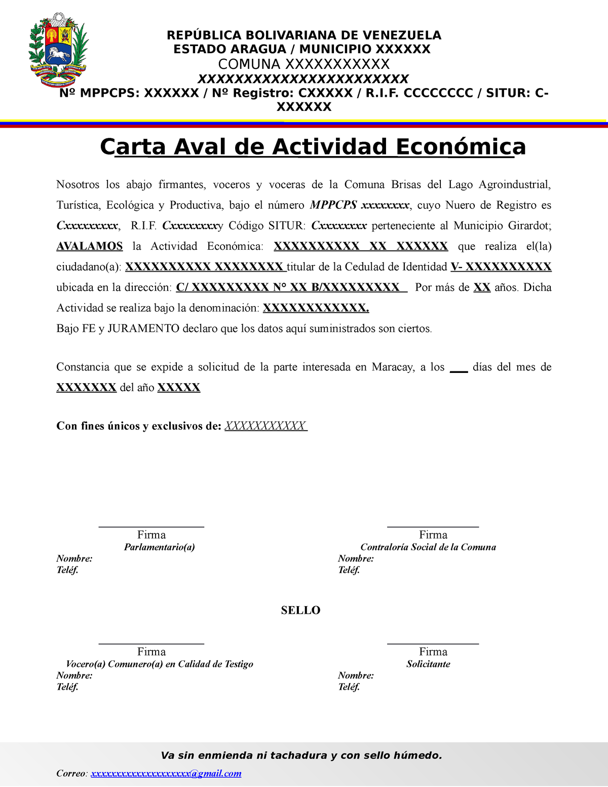 Modelo Carta AVAL Comuna O Consejo Comunal - REPÚBLICA BOLIVARIANA DE  VENEZUELA ESTADO ARAGUA / - Studocu