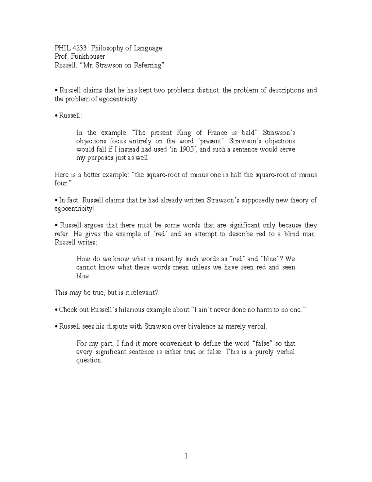 Lecture Notes Russell On Strawson - PHIL 4233: Philosophy of Language ...