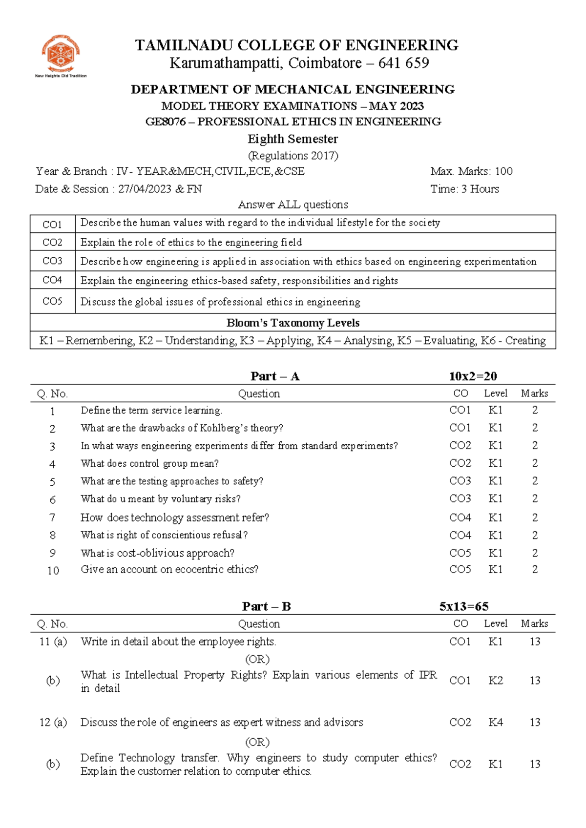 PEE Model Exam - TAMILNADU COLLEGE OF ENGINEERING Karumathampatti ...