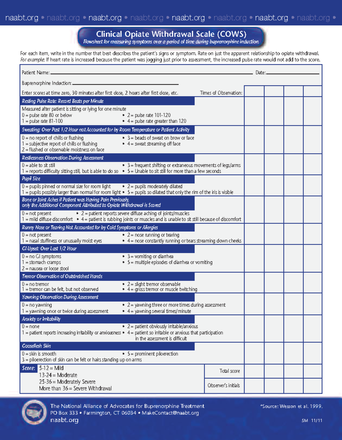 COWS F 2020 Opioids Scale *Source Wesson et al. 1999. 5M 11/ naabt • naabt • naabt