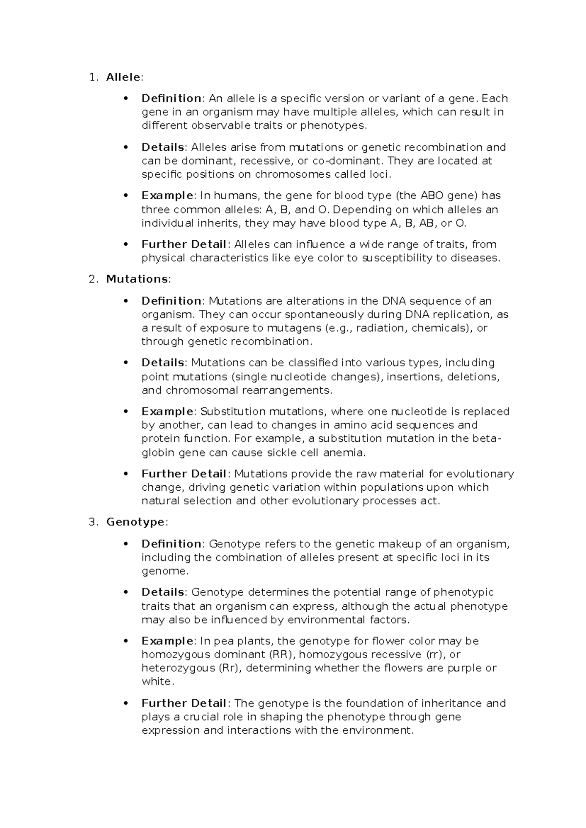 BIOL1003-Evolution Key Terms-Definitions, Details, Examples - Allele ...