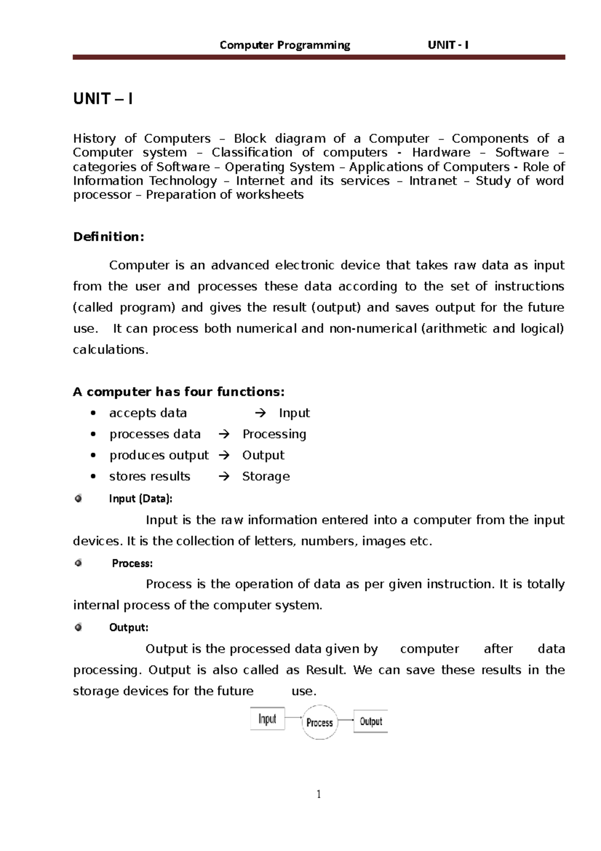 Pondicherry University Computer Programming Unit 1 Notes - UNIT – I ...