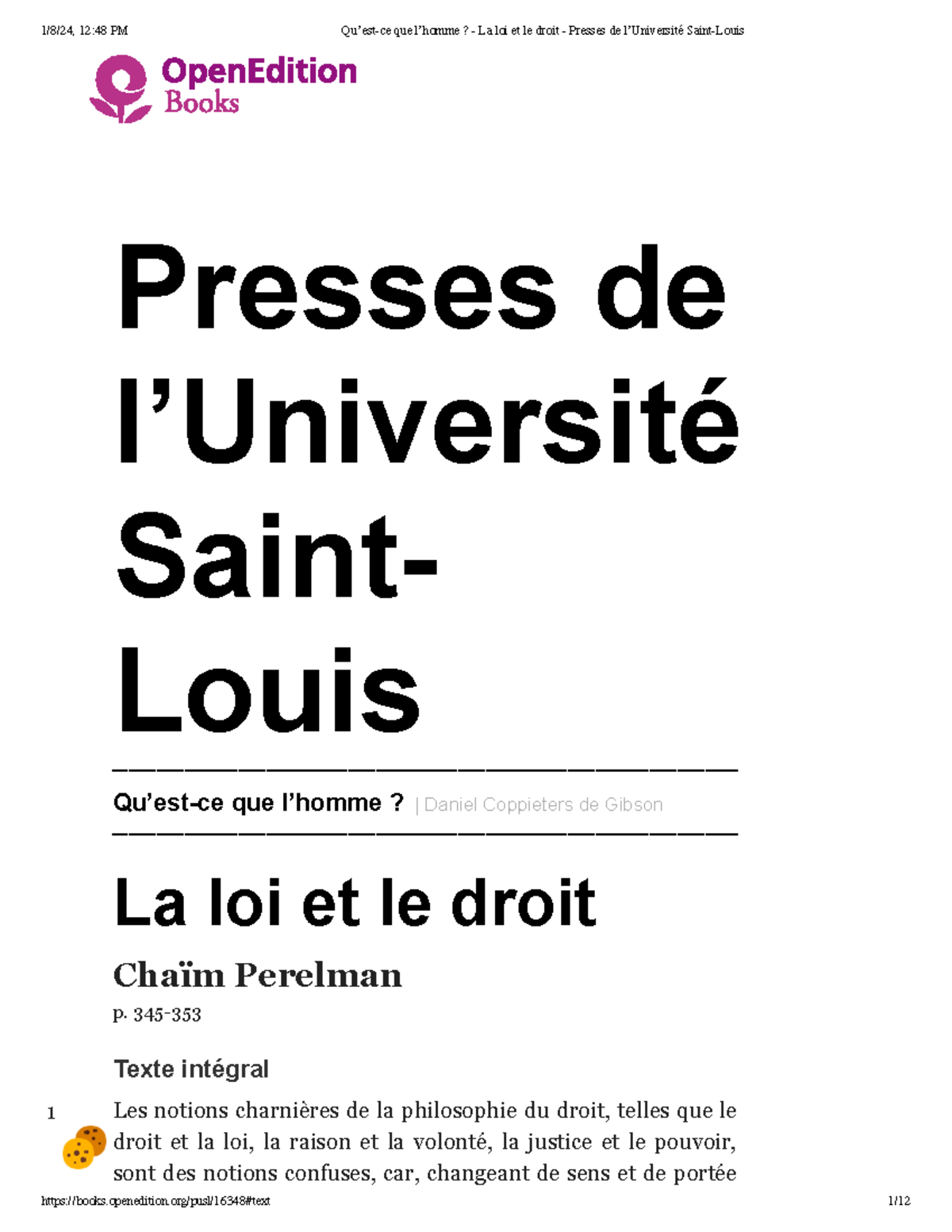Séance 1 - Lecture 1.5. Perelman - La loi et le droit - 1 Presses de l ...