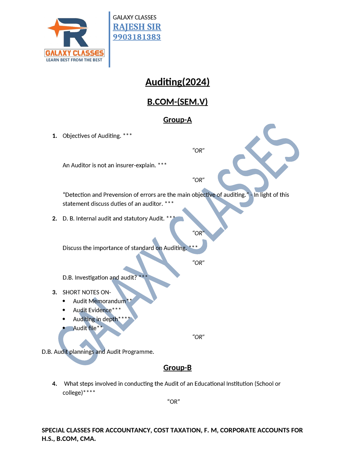 Auditing 2024 Important audit questions GALAXY CLASSES RAJESH SIR