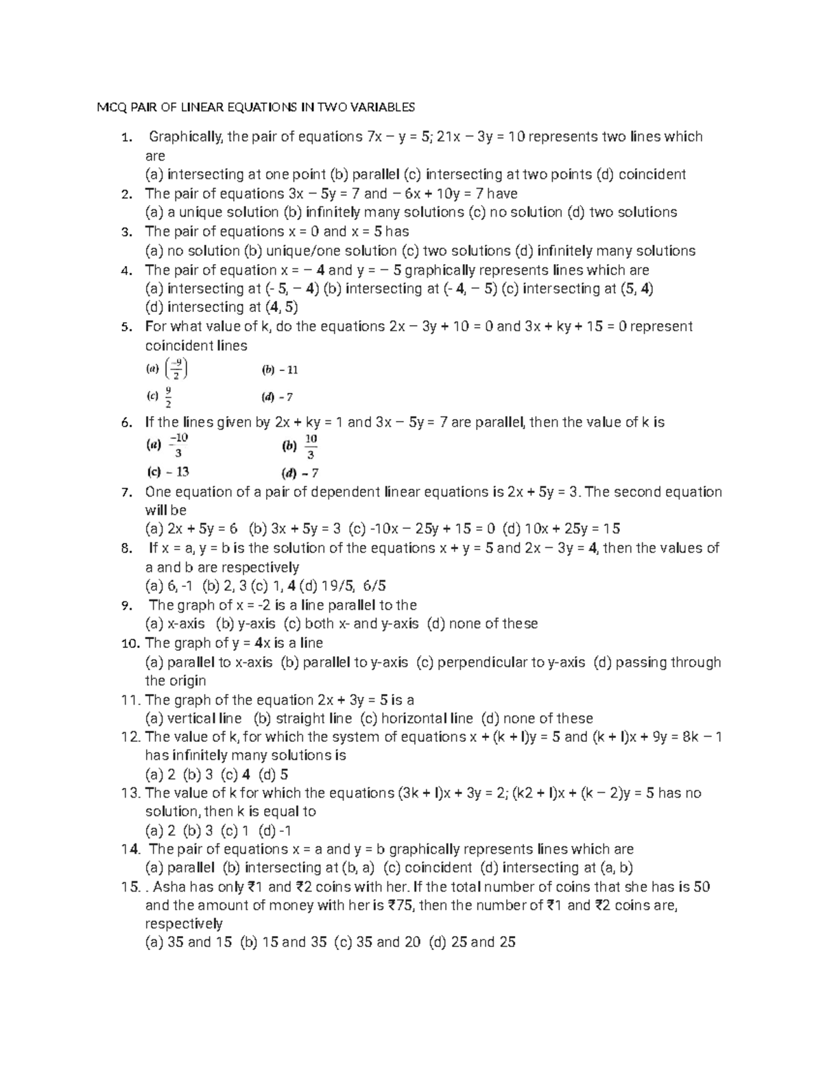 MCQ PAIR OF Linear Equations IN TWO Variables - MCQ PAIR OF LINEAR ...