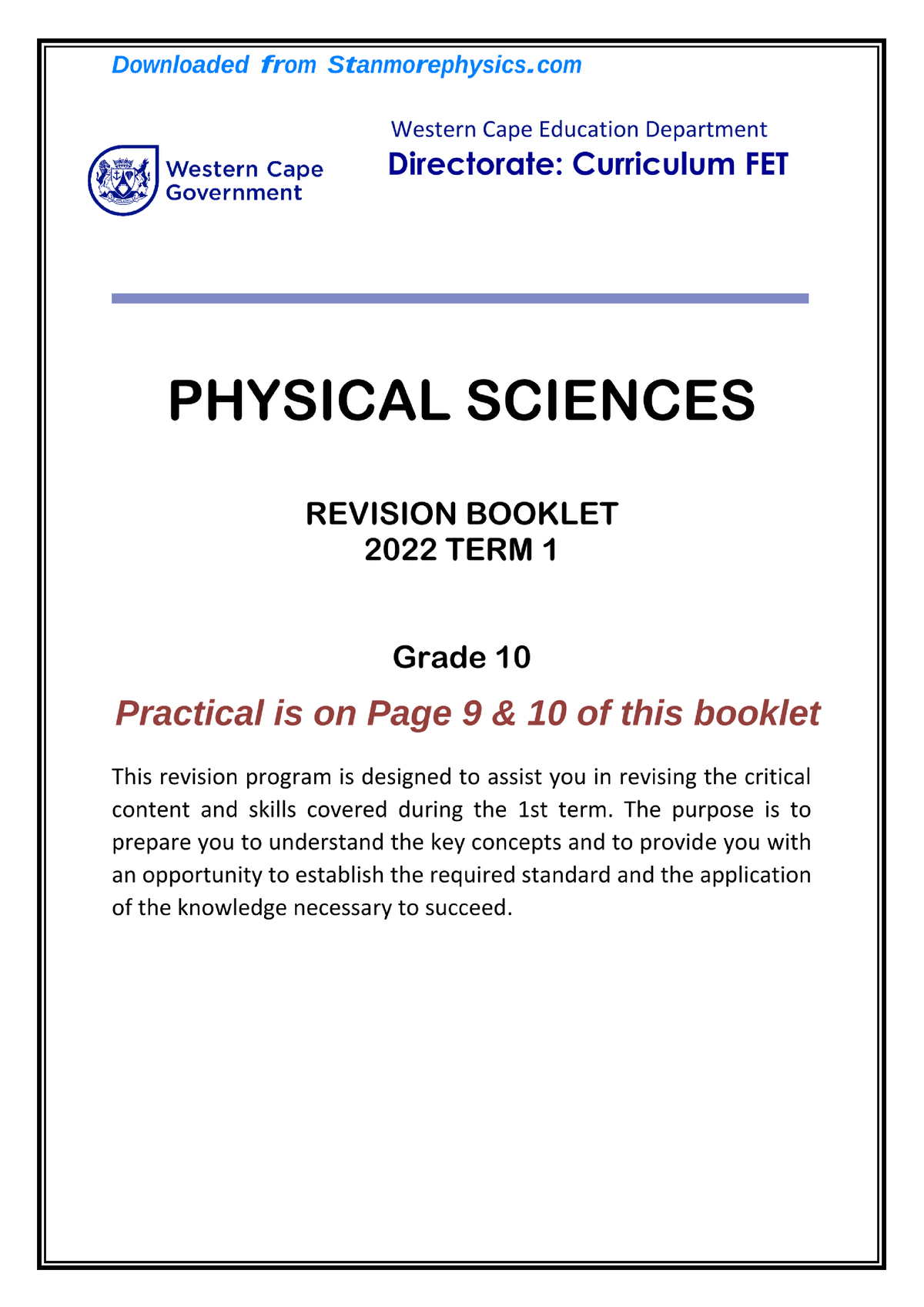 Physical Sciences Grade 10 Revision Material Term 1 2022 Phys133