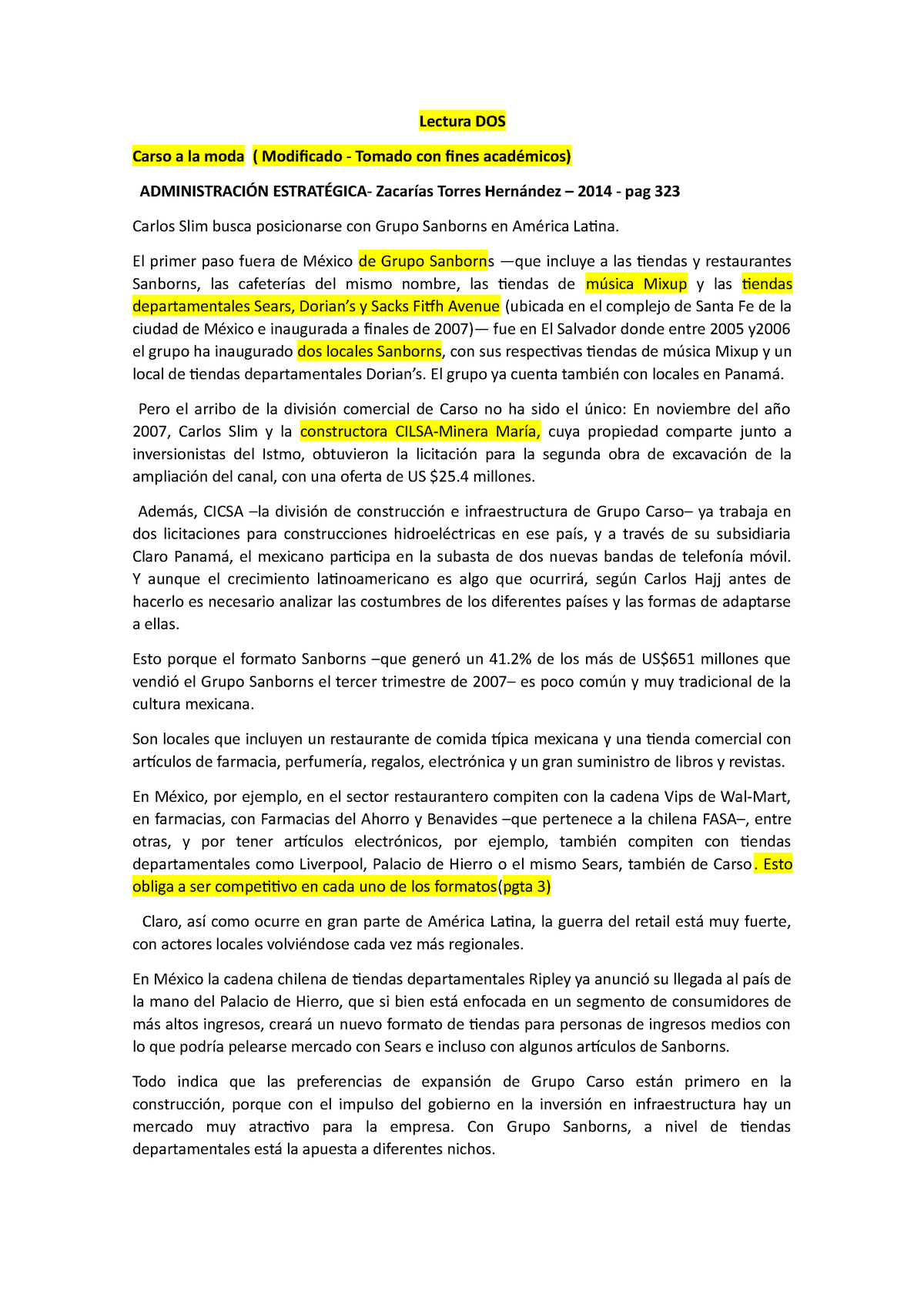 Lectura Caso Empresa Direccion estratégica 2 - Lectura DOS Carso a la moda  ( Modificado - Tomado con - Studocu