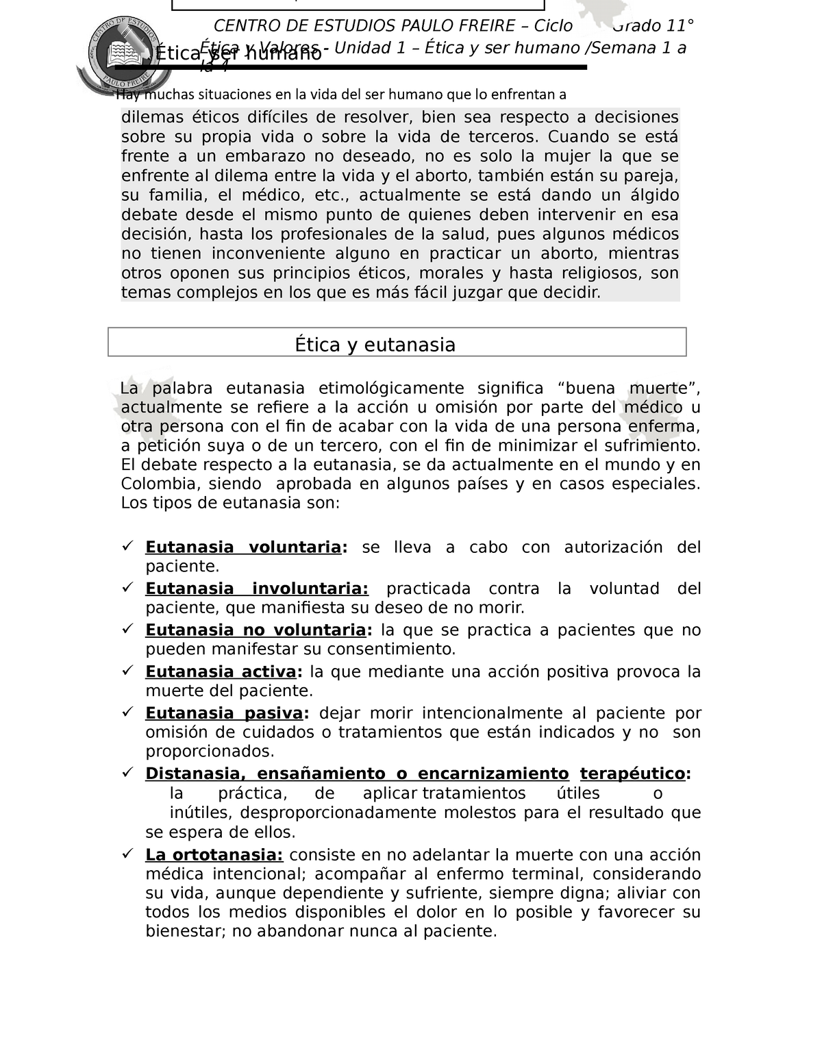 Etica Y Valores Ciclo Vi Grado 11° Semana Desarrollodo 3 Ética Y Valores Unidad 1 7575