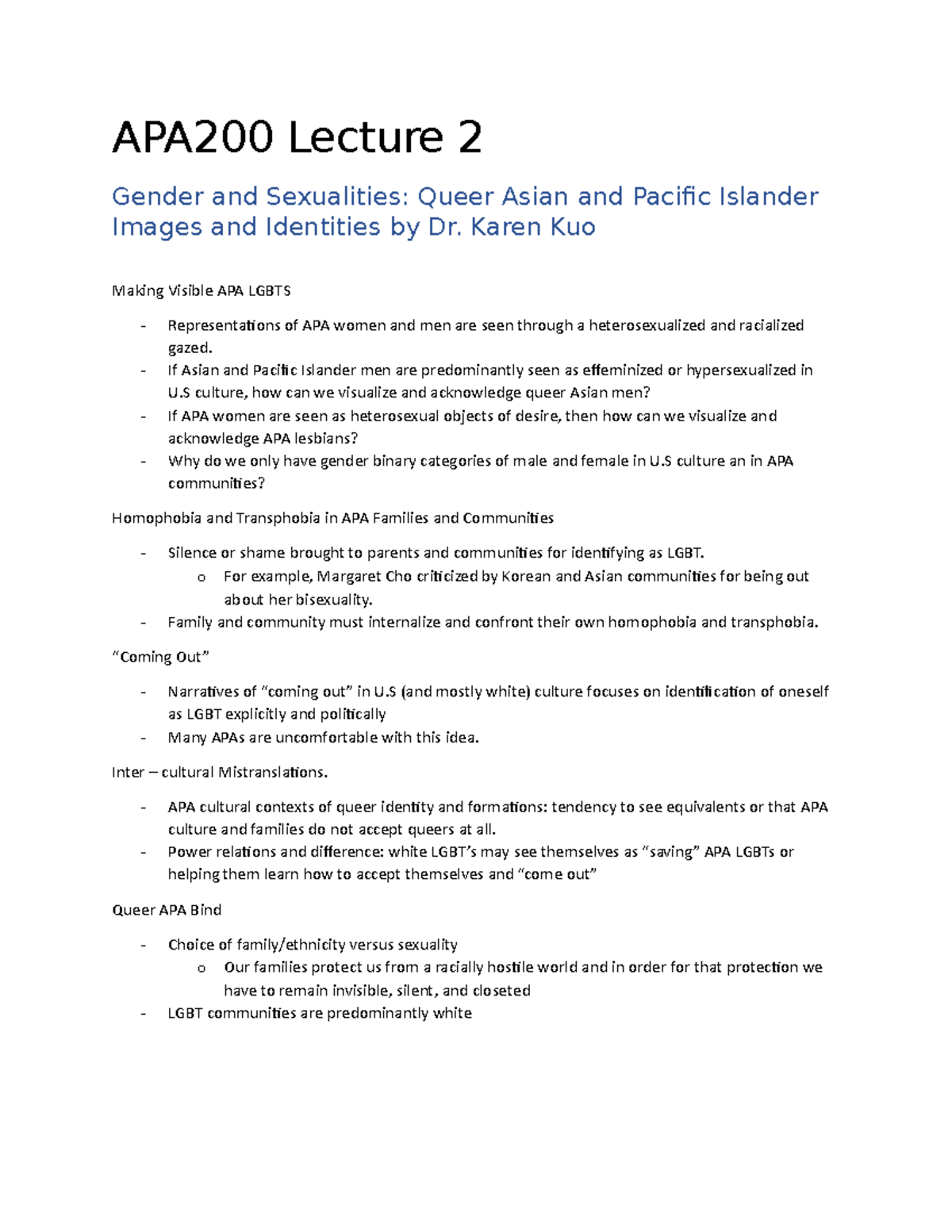 APA200 Lecture 2 Week 3 APA200 Lecture 2 Gender and Sexualities