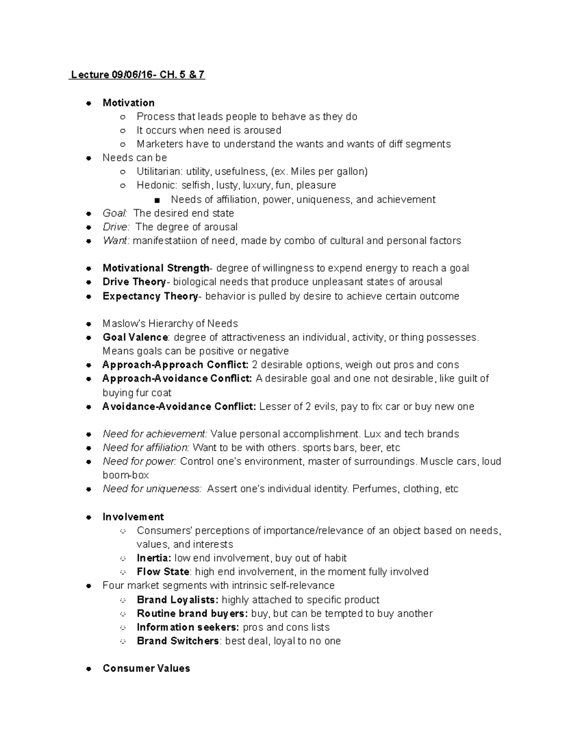 Consumer Behavior Notes - Lecture CH. 5 7 Motivation Process that leads ...
