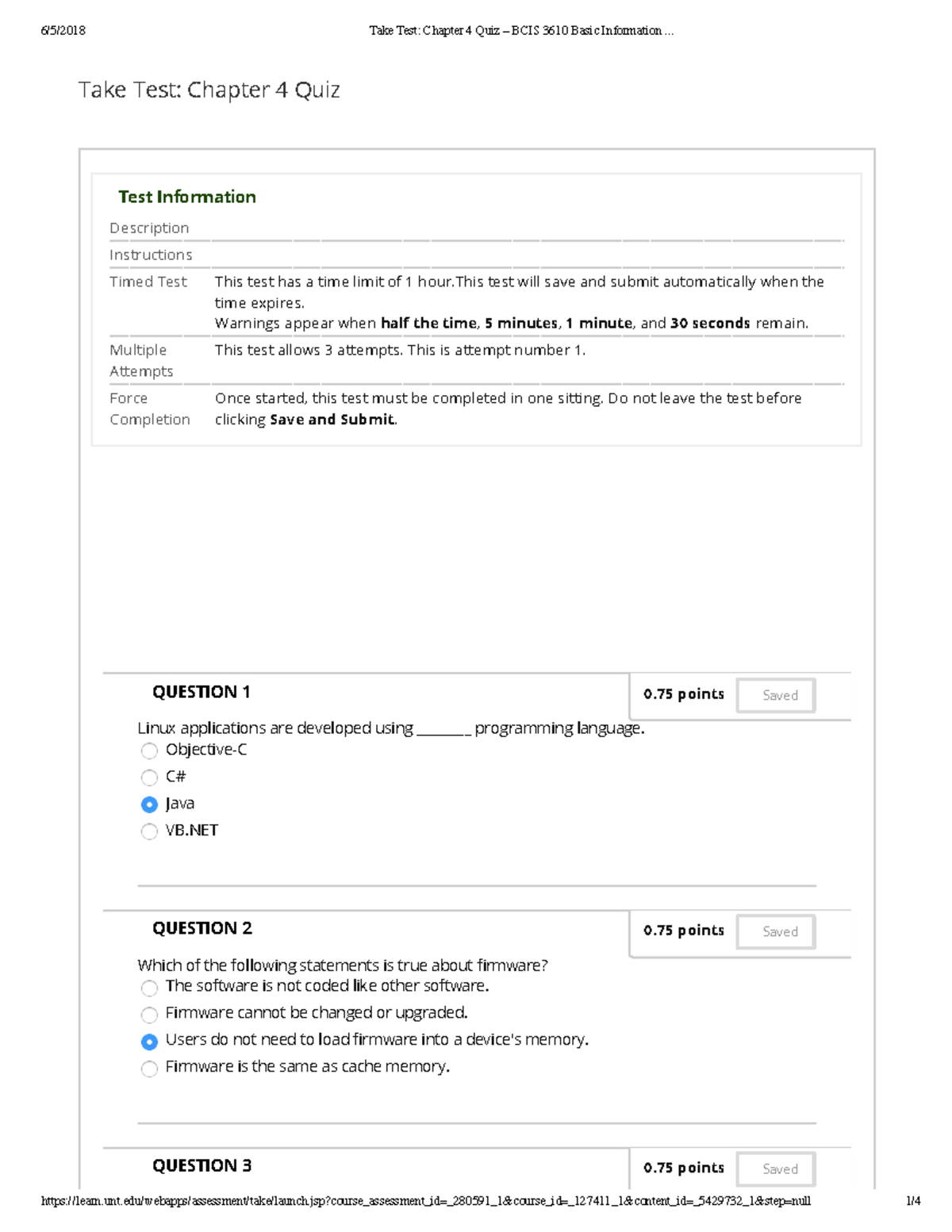 UNT - BCIS 3610 Chapter 4 Quiz Review - Take Test: Chapter 4 Quiz BCIS ...