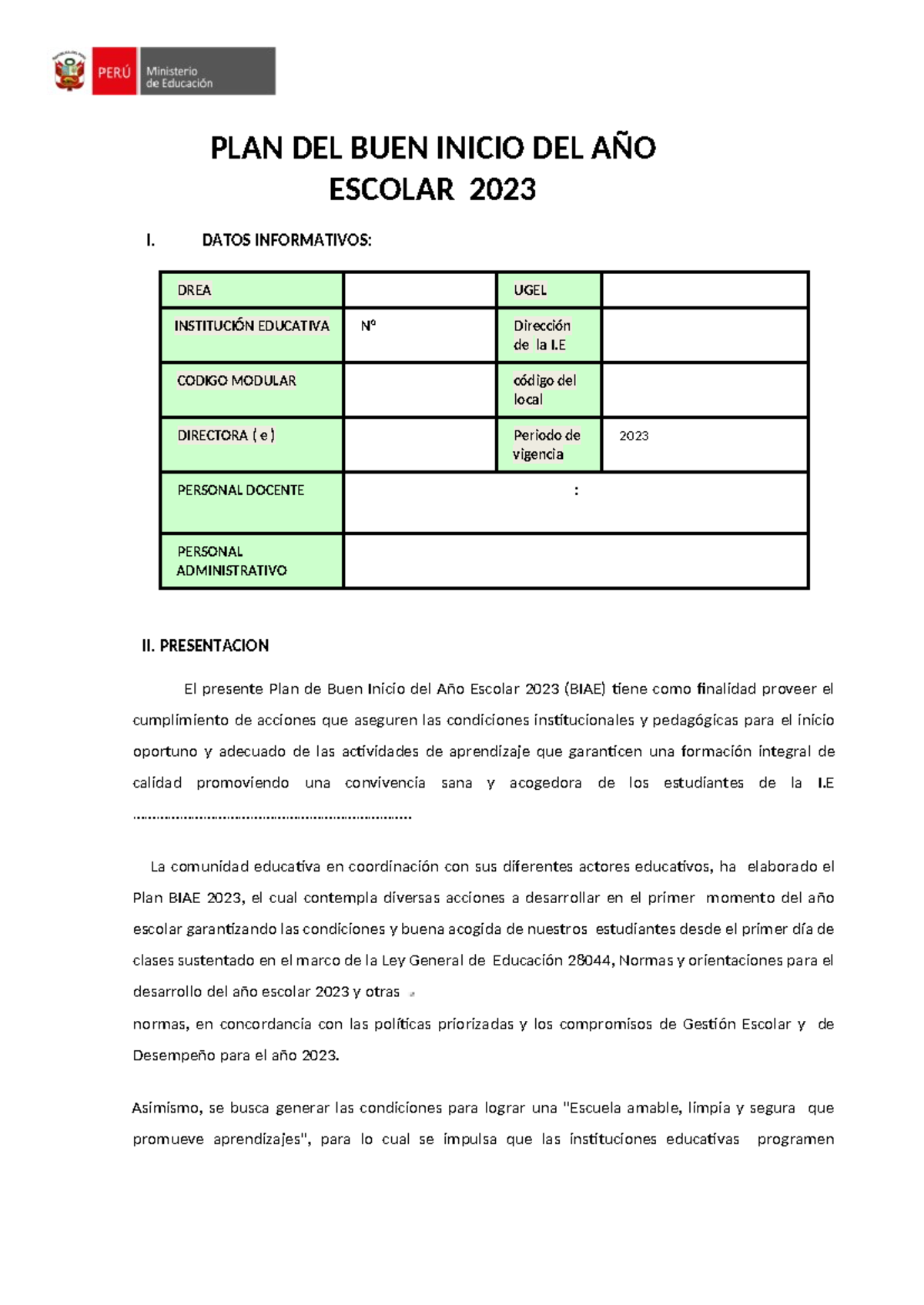 PLAN-BUEN Inicio DEL AÑO Escolar 2023 - IE° PLAN DEL BUEN INICIO DEL ...