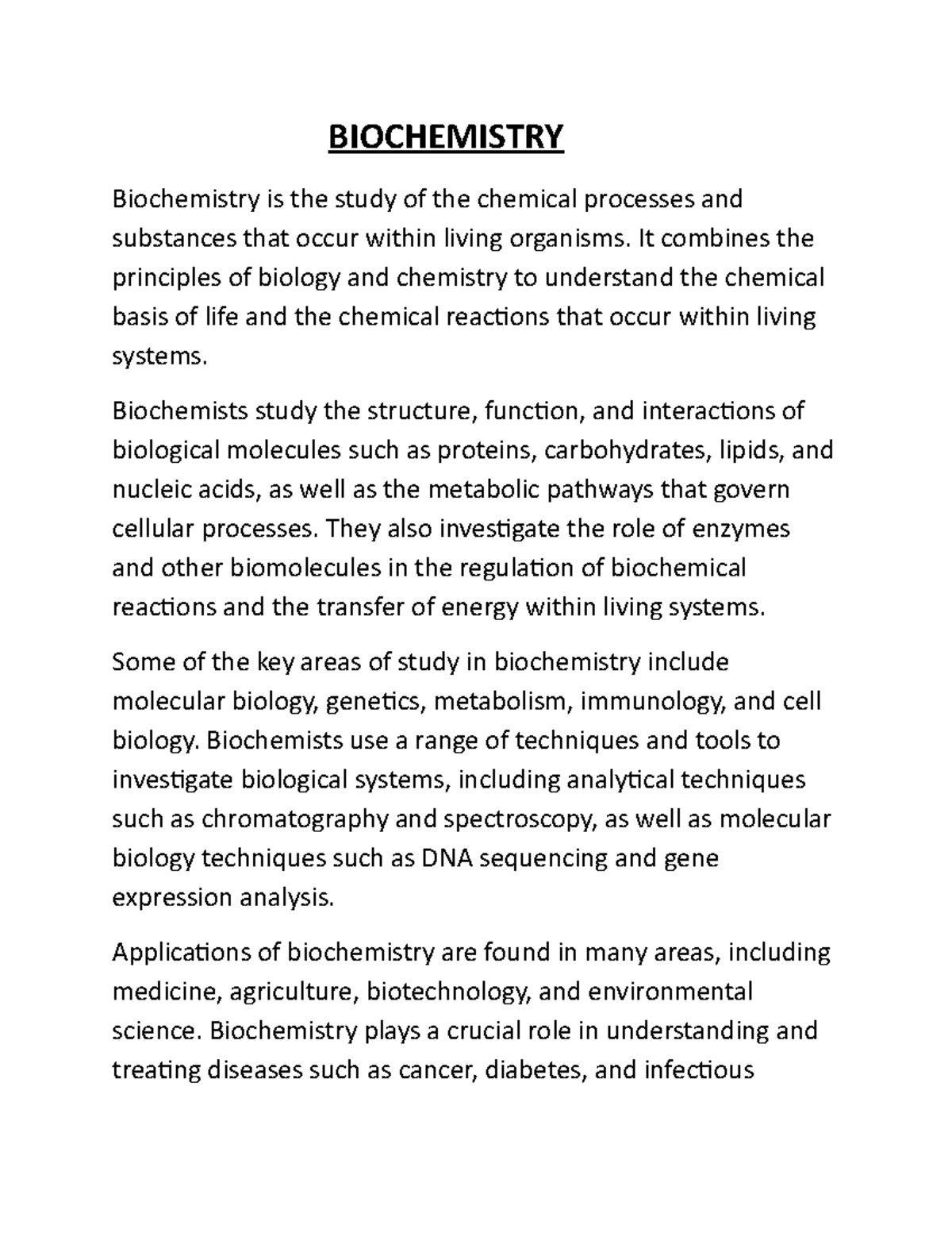 Biochemistry - BIOCHEMISTRY Biochemistry is the study of the chemical ...