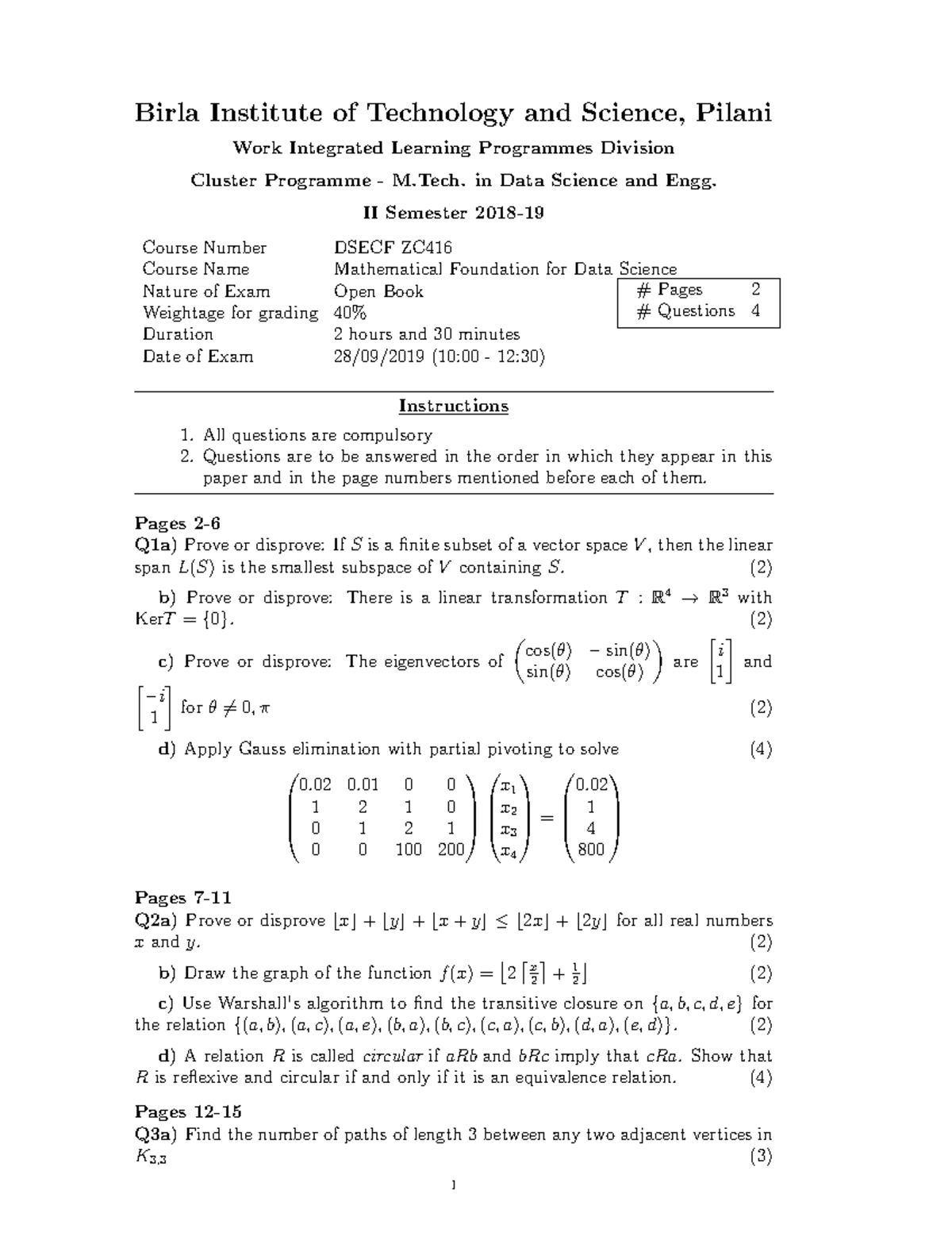 MFDS Exam Question Paper Birla Institute Of Technology And Science 