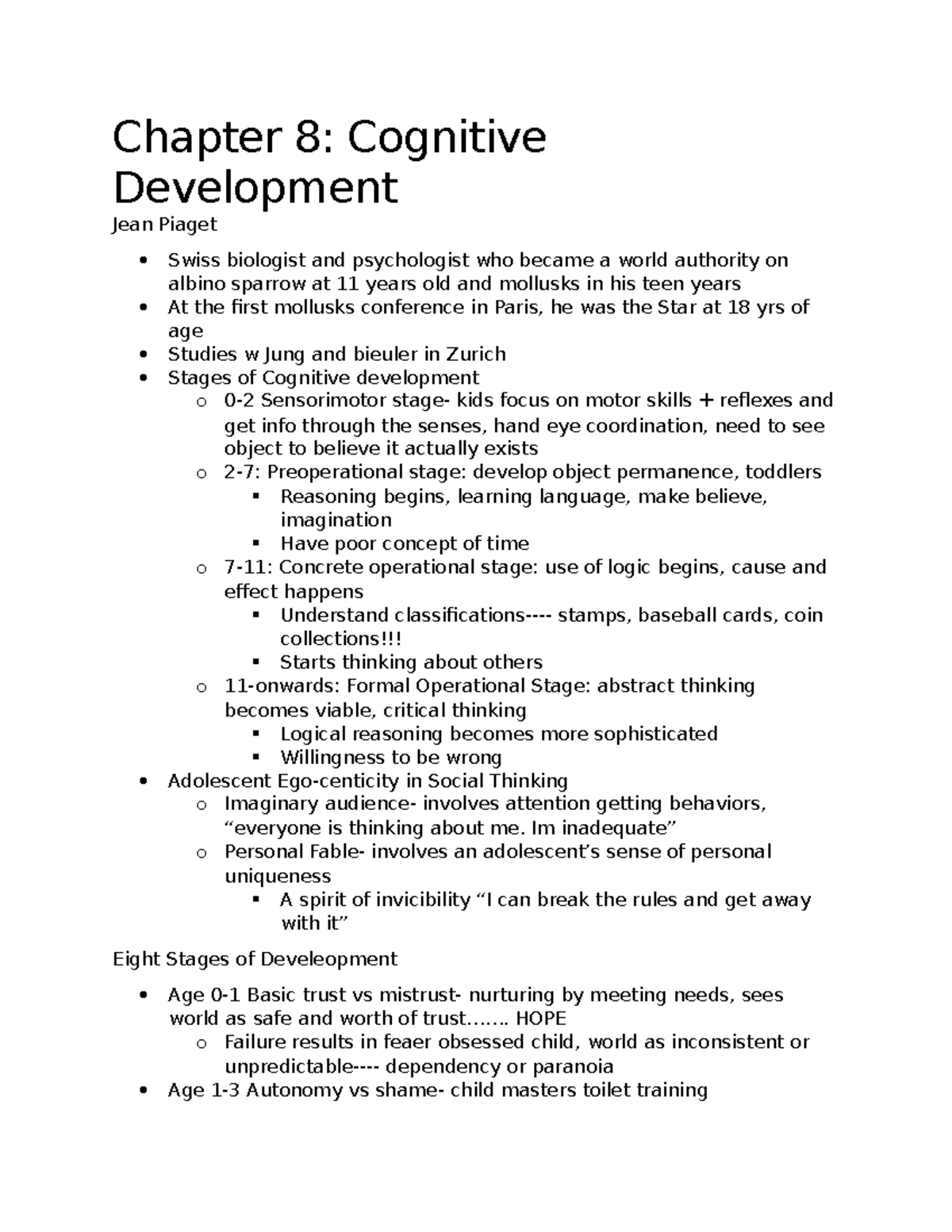 Psych Chapter 8 Chapter 8 Cognitive Development Jean Piaget