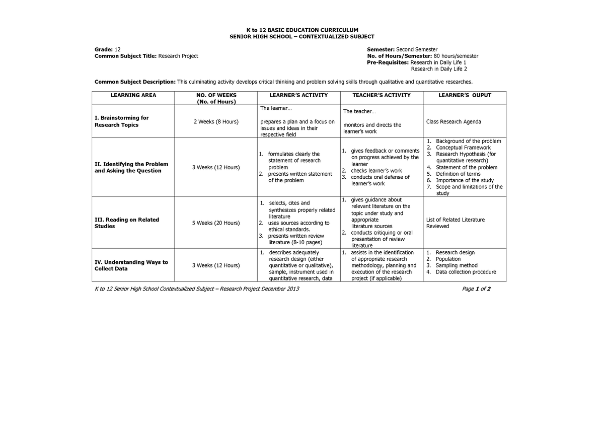 research project curriculum guide