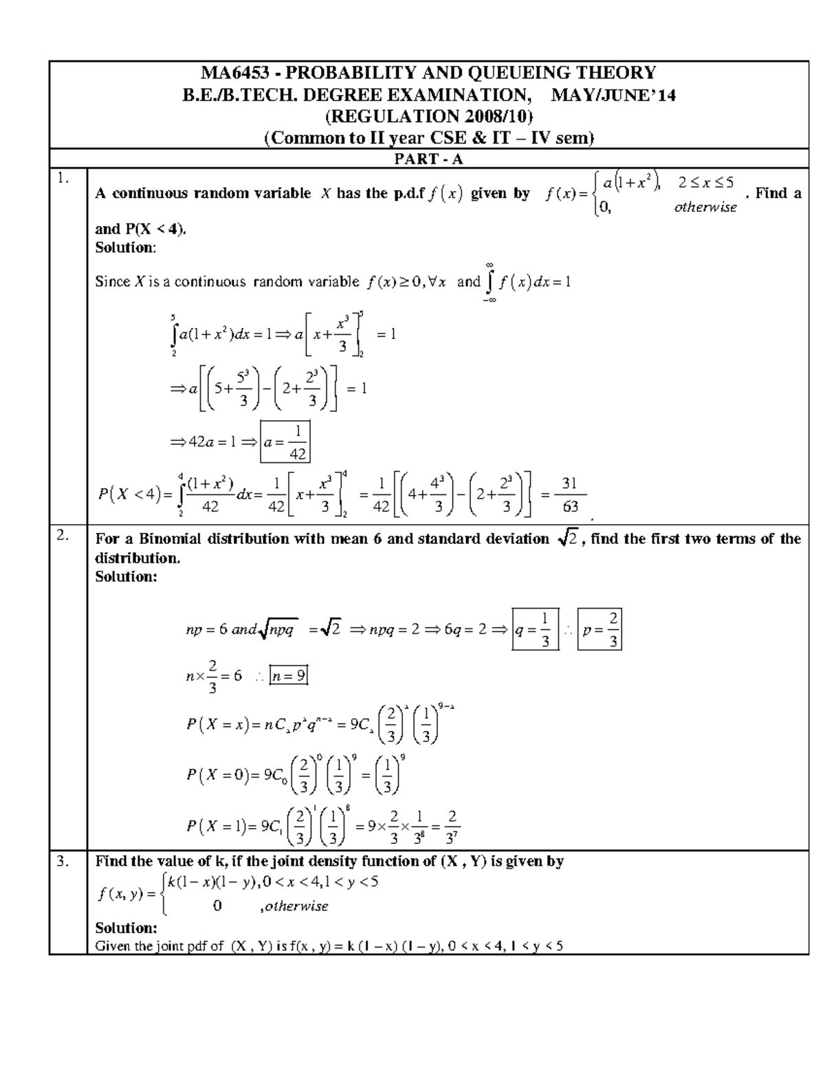 PQT JUNE2014 - University questions - ####### MA6453 - PROBABILITY AND ...