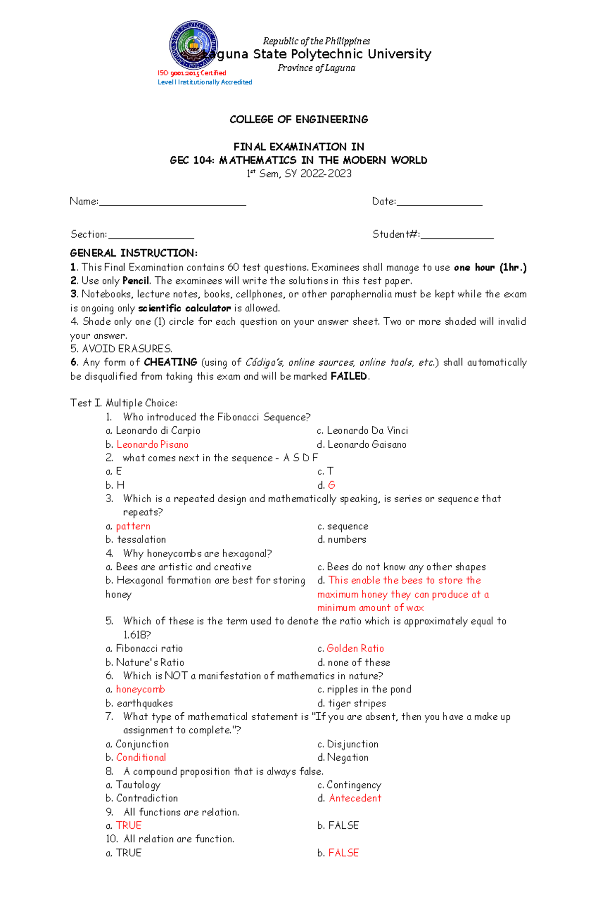 GEC Final EXAM Answer GEC Math Republic of the Philippines Laguna