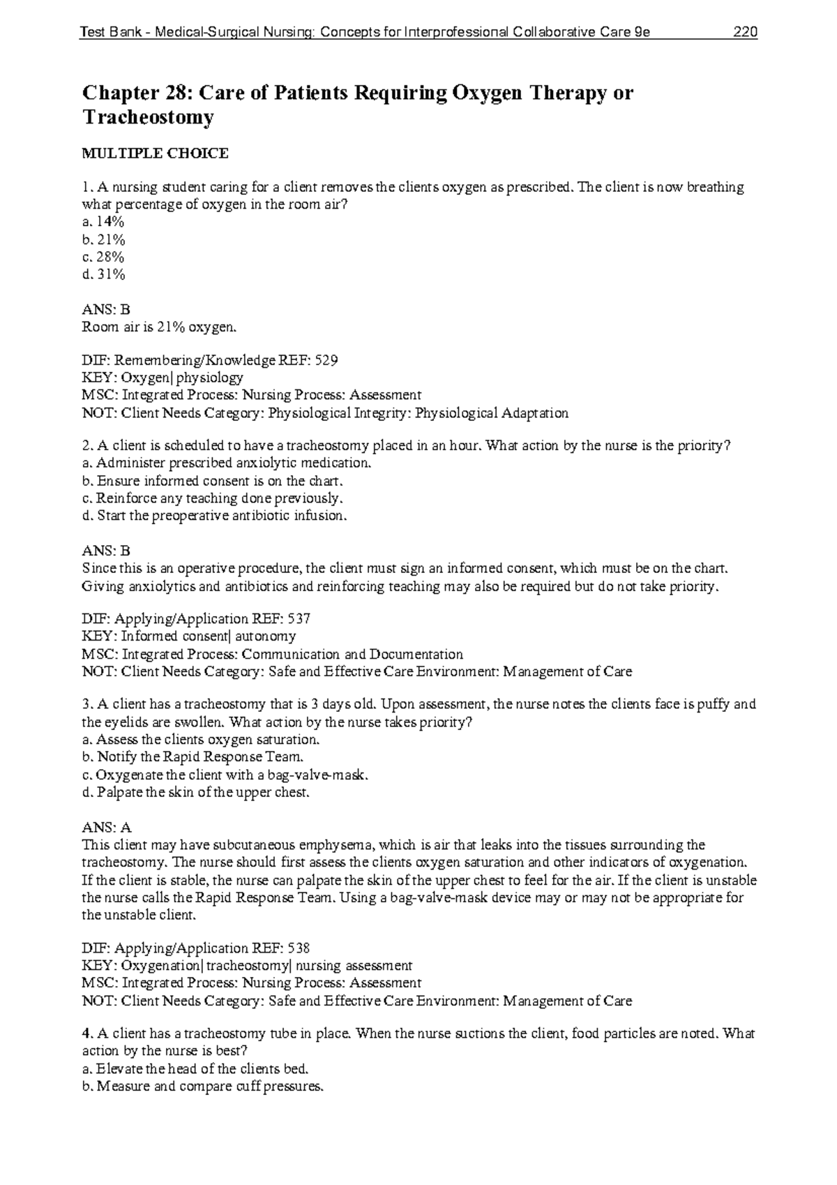 Chapter 28 Care of Patients Requiring Oxygen Therapy or Tracheostomy