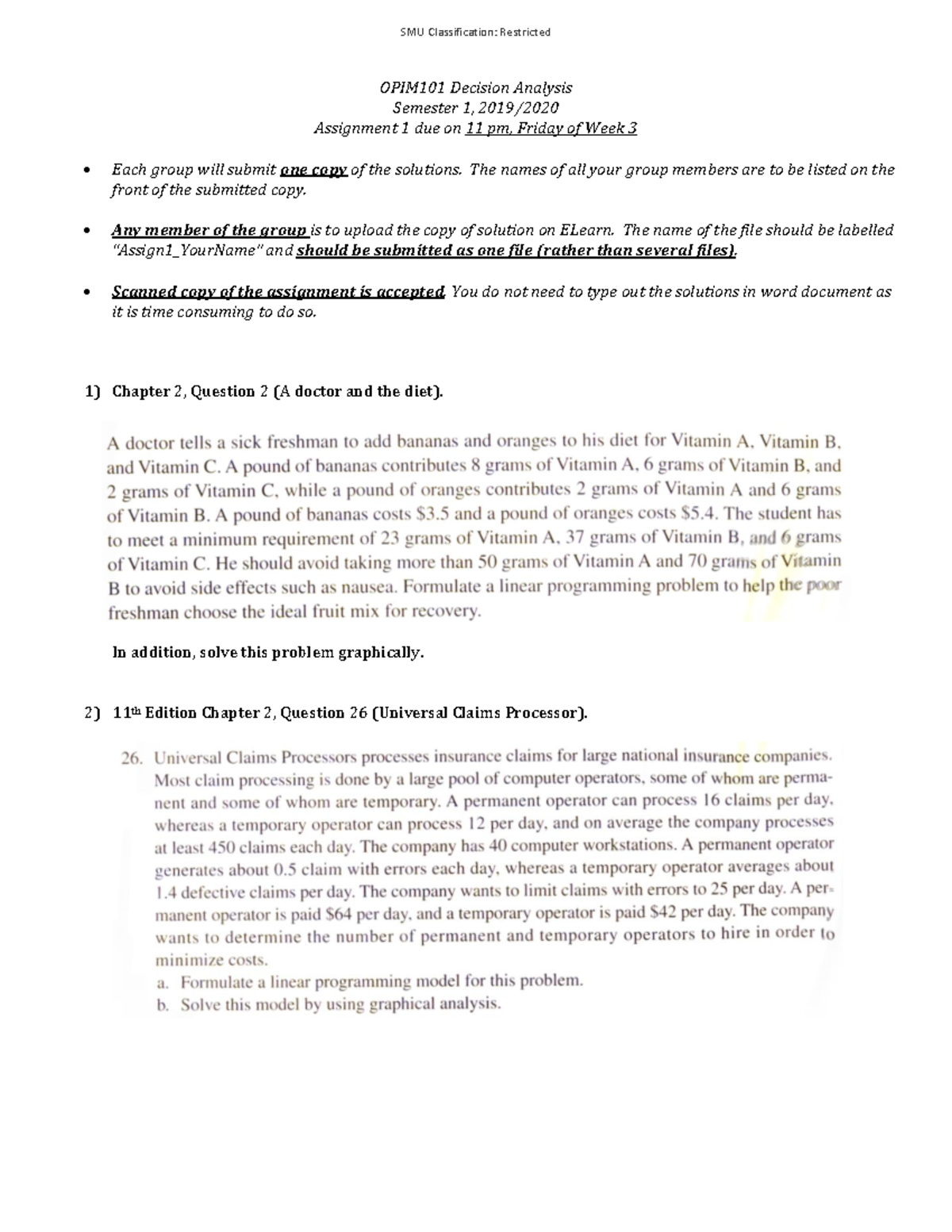 Assignment 1 (Questions) - OPIM101 Decision Analysis Semester 1, 2019 ...