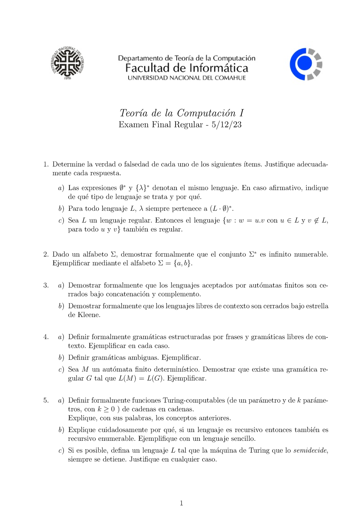 Examen Final Regular - Teor ́ıa De La Computaci ́on I Examen Final ...