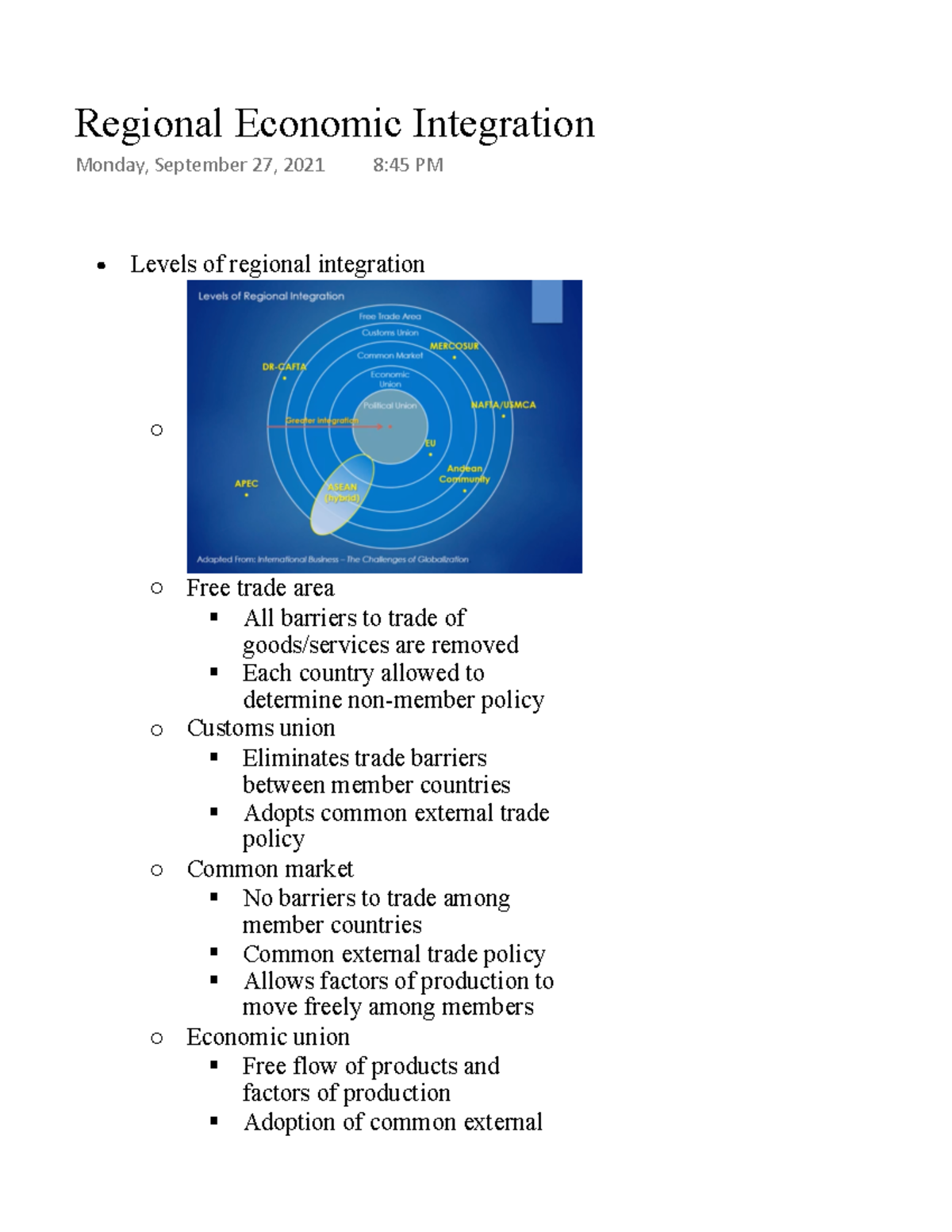 Regional Economic Integration - Levels Of Regional Integration ï Free ...