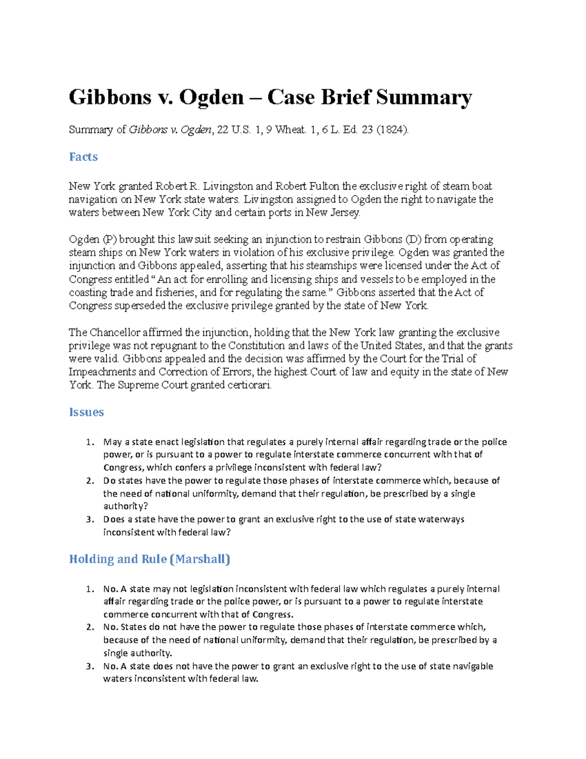 Gibbons v Ogden Lecture notes 1357 Gibbons v. Ogden Case Brief