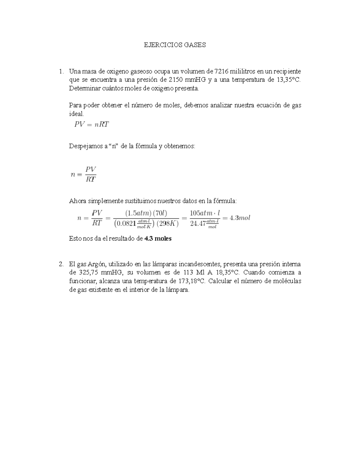 Ejercicios Gases Quimica EJERCICIOS GASES Una Masa De Oxigeno Gaseoso