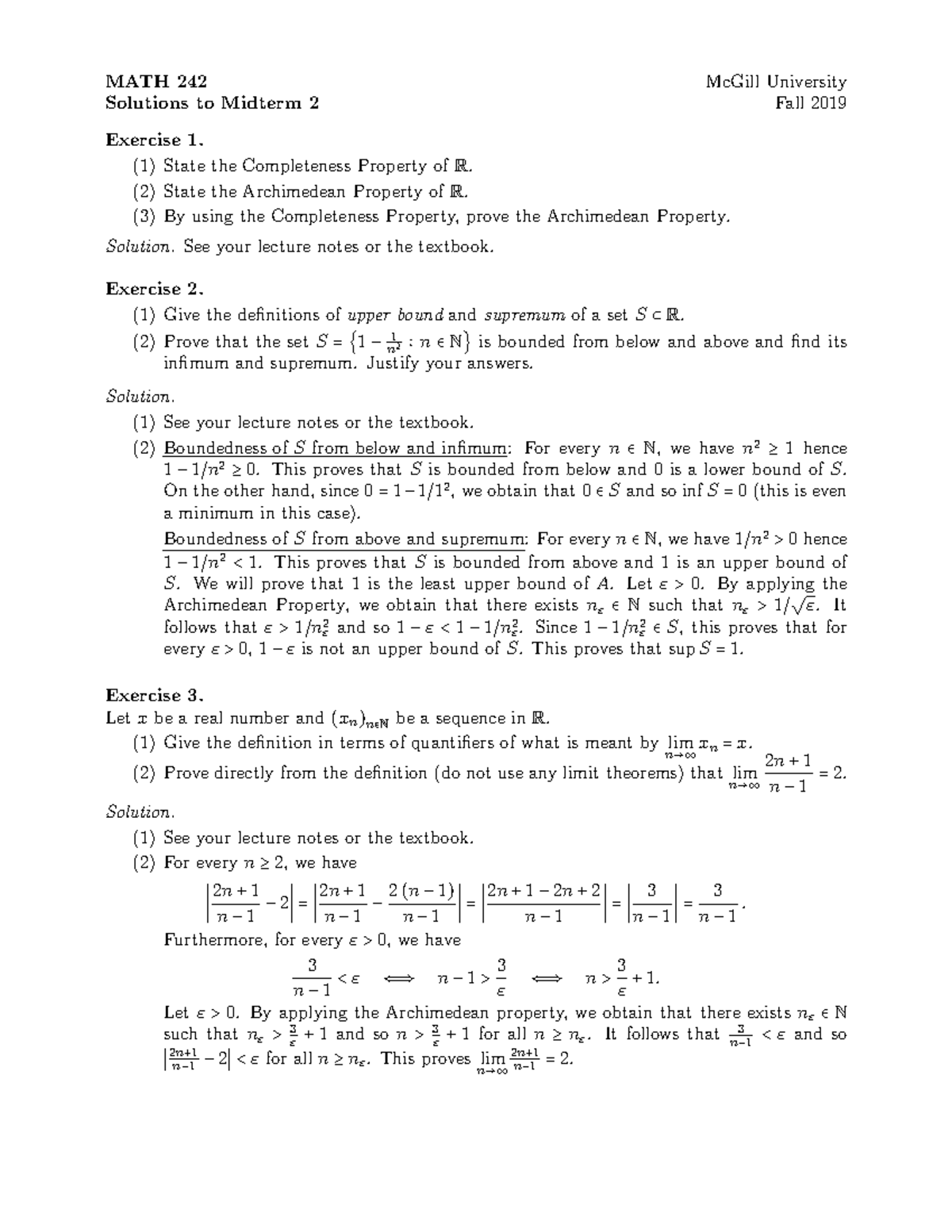Midterm 9 November 2019, answers - MATH 242 Solutions to Midterm 2 ...
