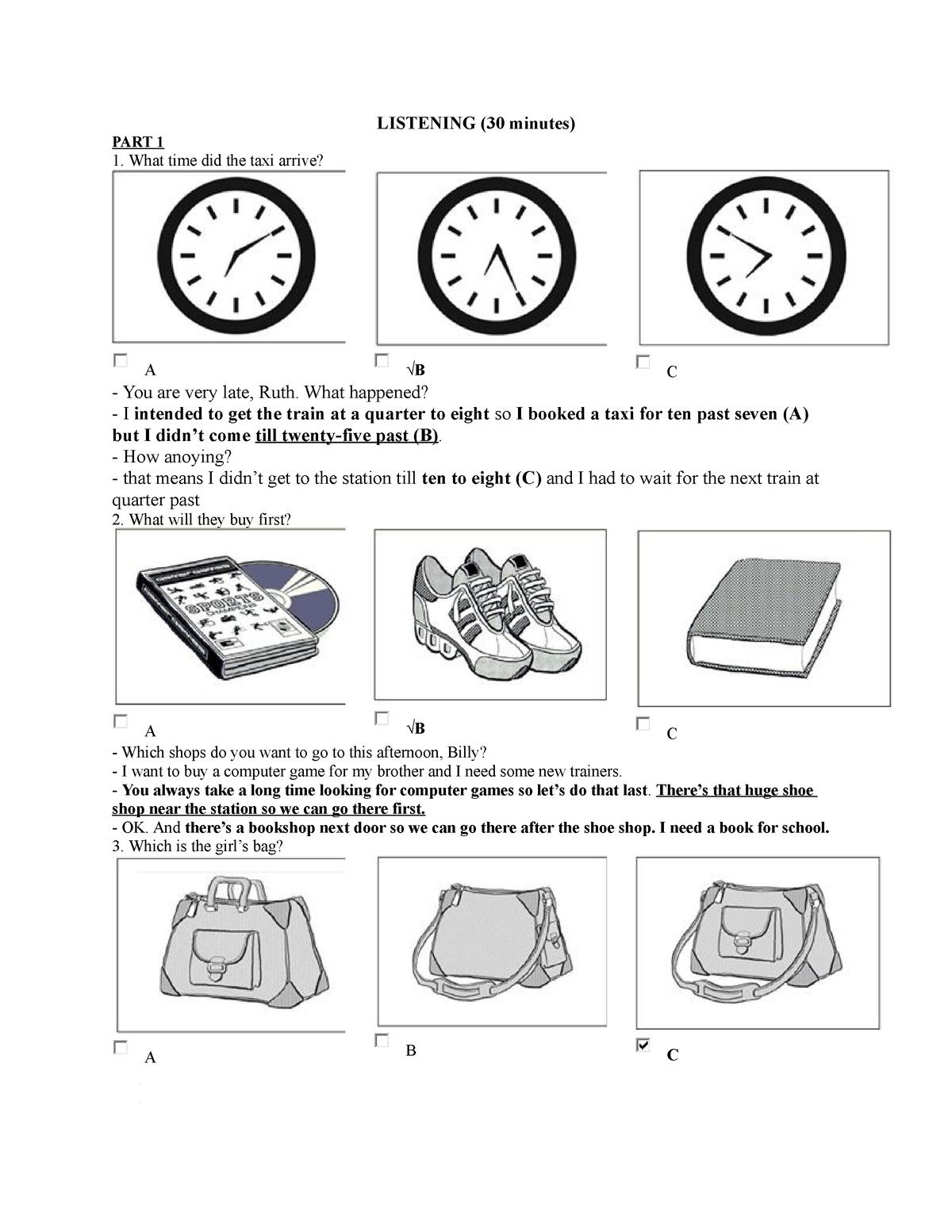 Test 1 - Test 1 - LISTENING (30 Minutes) PART 1 What Time Did The Taxi ...