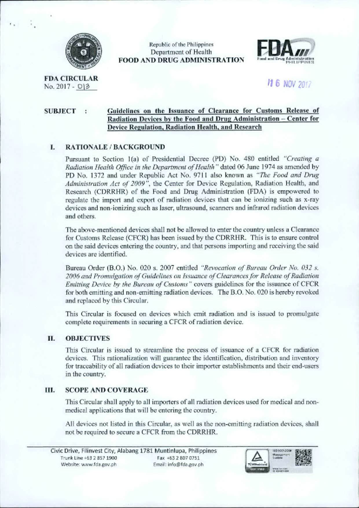 FDA Circular 2017 013 - Civil Law - Studocu